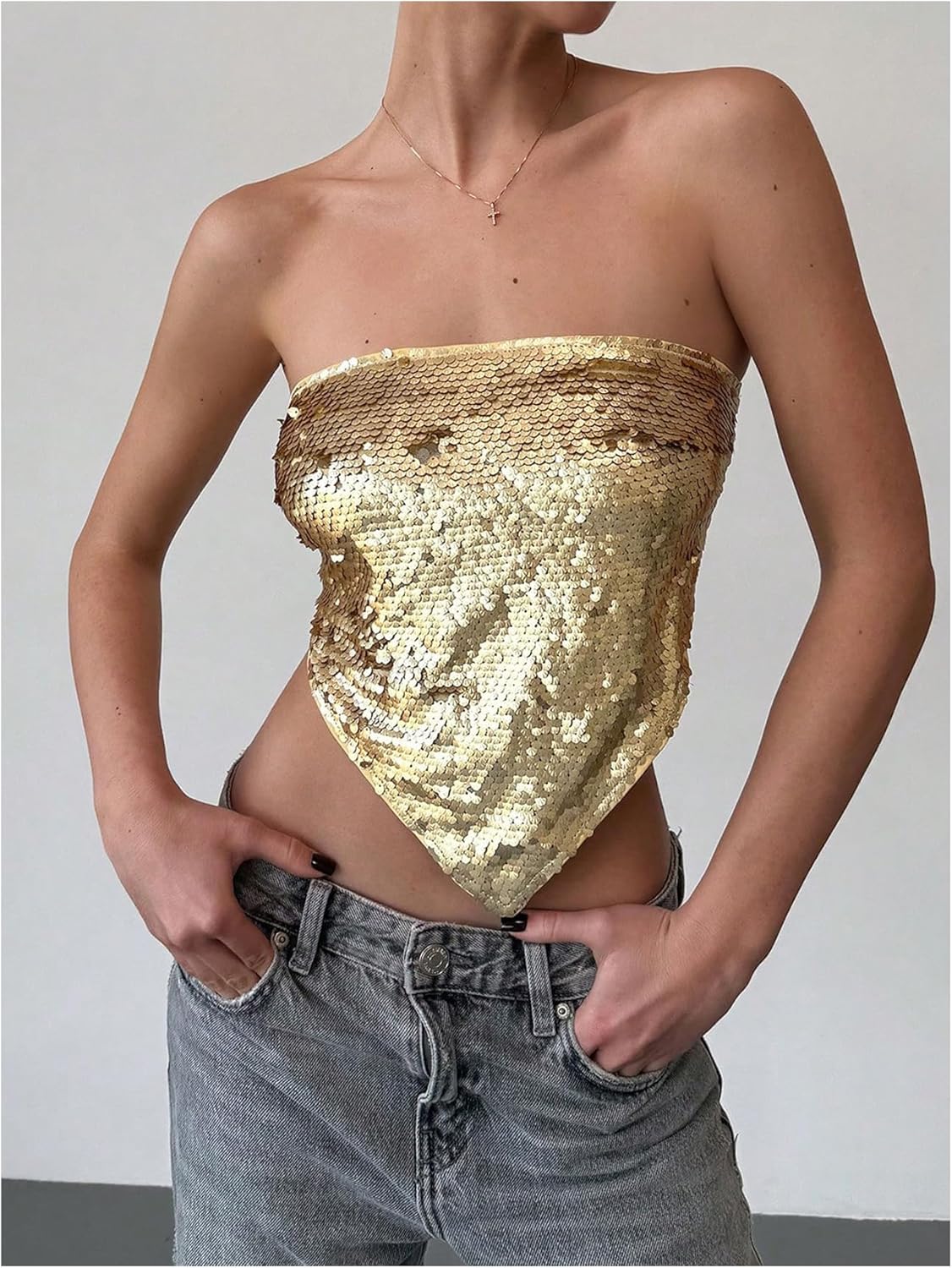MakeMeChic Women's Sequin Sparkly Tops Rave Backless Strapless Tube Top Clubwear - Image 6