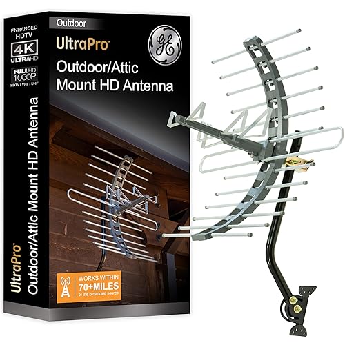 GE Outdoor HD Digital TV Antenna, Long Range Smart TV Antenna, Supports 4K 1080P HD Smart TV VHF UHF, J Mount Included for Attic or Outdoor, Weather Resistant, 29884