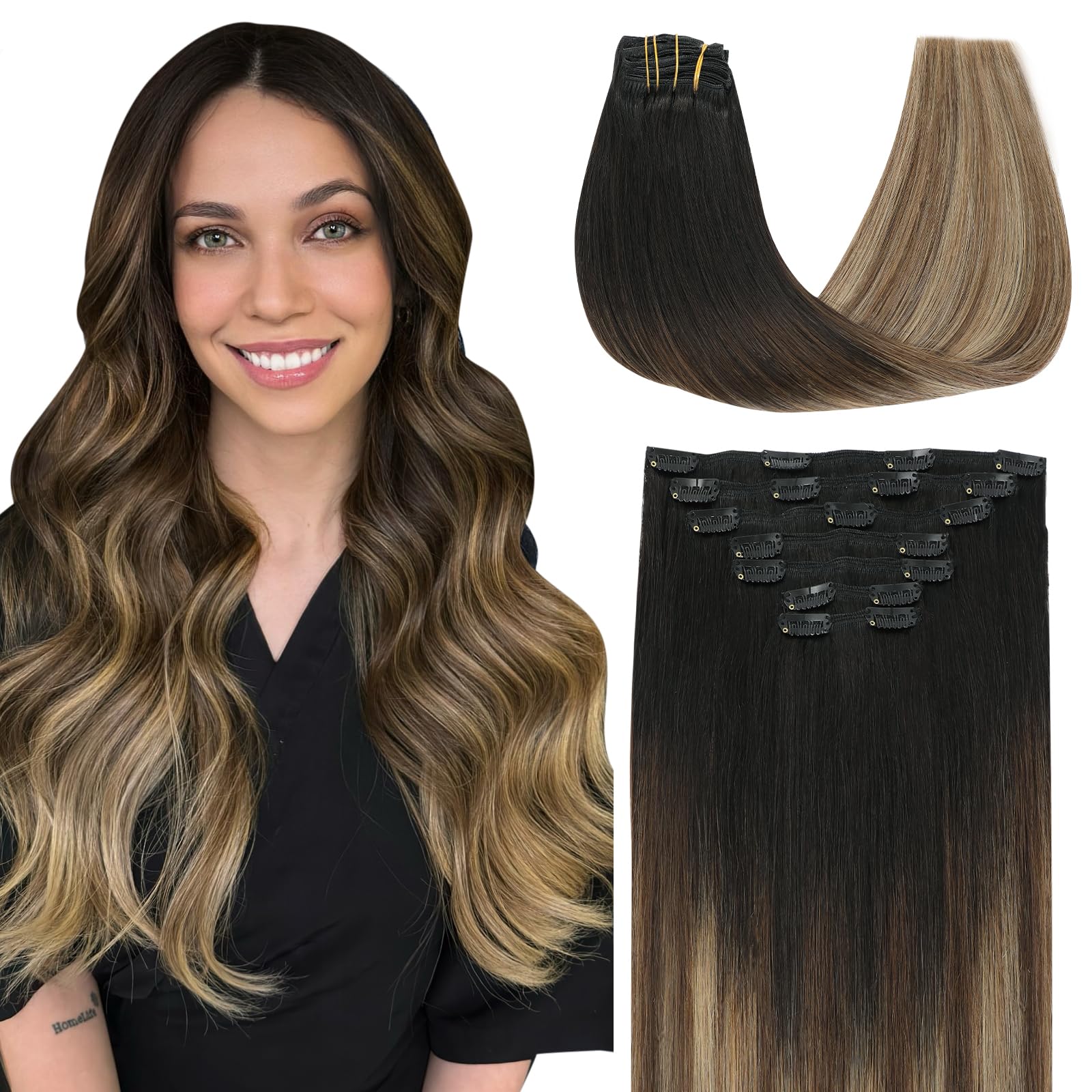 SURNEL Clip dans les Extensions de Cheveux Naturel Balayage Noir à Brun Moyen avec Blond #1B/4/27 Vrai Clip Remy Dans les Extensions de Cheveux Humains 7pcs 140g 16pouces (7C#1B/4/27-16")