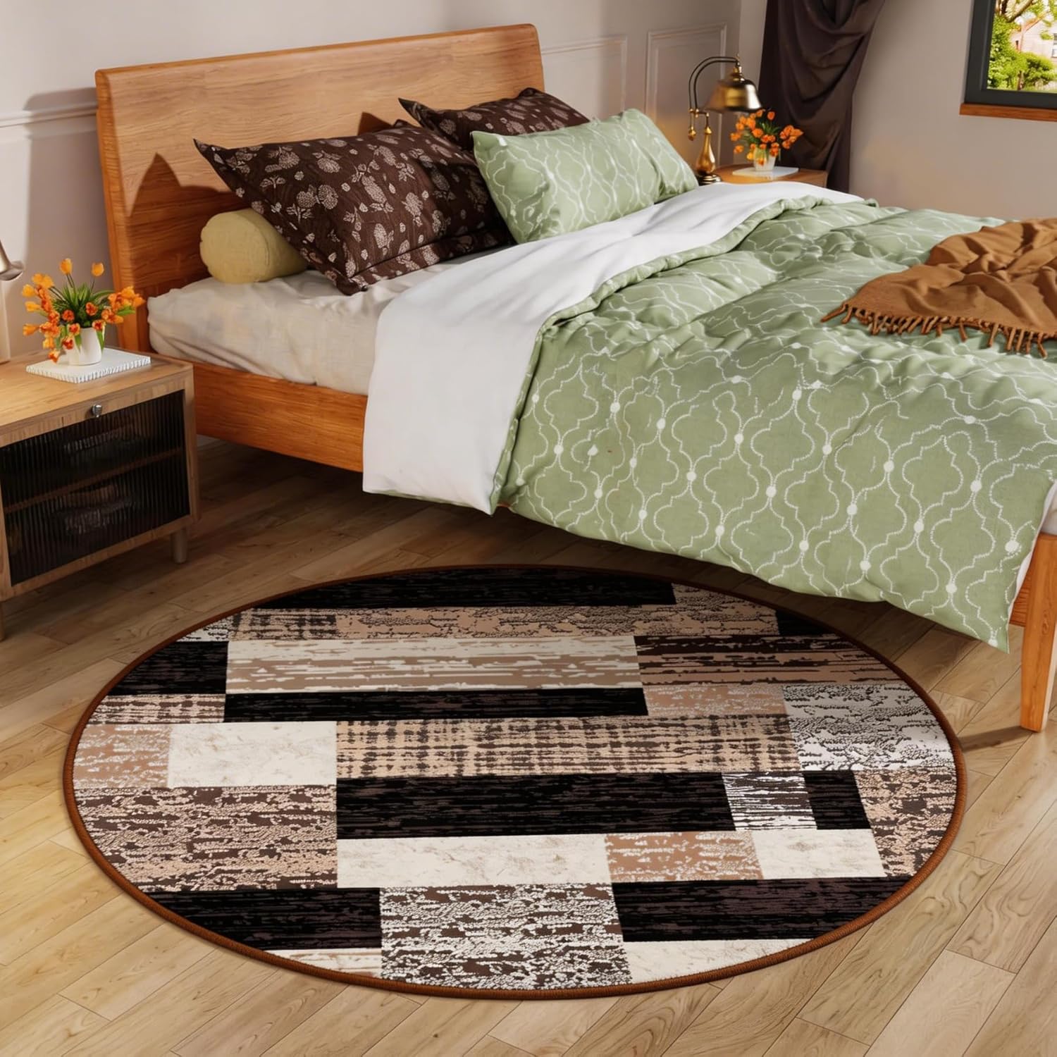 FlyDOIT Modern Round Area Rug for Living Room, 4Ft Washable Round Rug Chocolate Geometric Patchwork Circle Rugs for Dining Room Table, Small Circular Floor Carpet for Bedroom Home Office