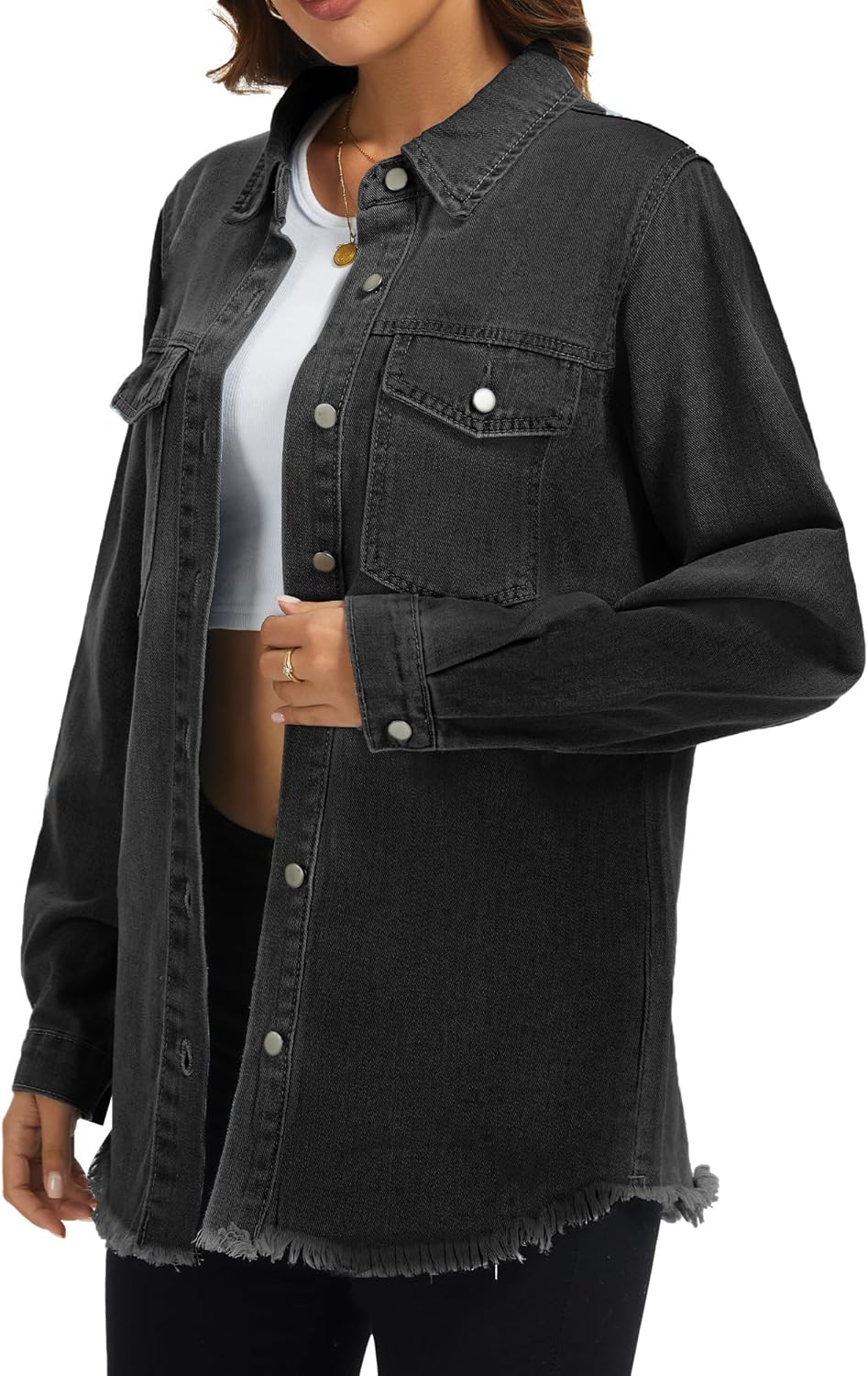 Women's Oversized Jean Jacket Casual Long Sleeve Denim Shirts Distressed Frayed Hem Denim Jackets Fall Outfits 2025 - Image 3