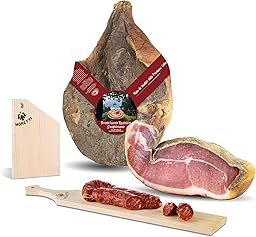 Moretti® Jambon cru entier | Environ 6 kg | Maigre Assaisonné | 100% Naturel | Sans conservateurs | Pas d'OGM | Planche à Découper En Bois Hommage Et Saucisse