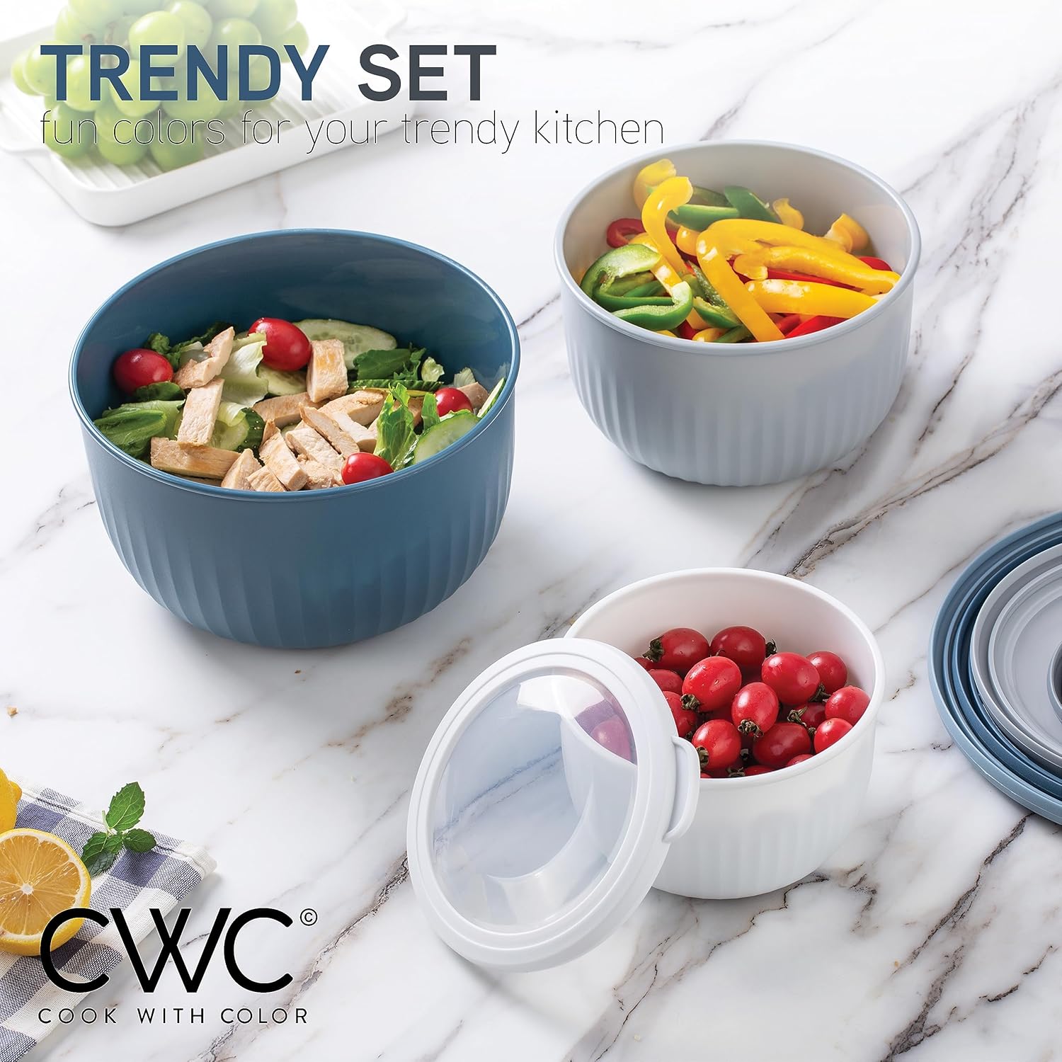 COOK WITH COLOR Prep Bowls with Lids- Wide and Deep Nesting Plastic Small Mixing Bowl Set with Lids, 12 Piece Set - Deep Bowls, Blue/Grey - Image 4