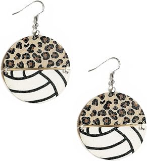 Sports Game Ball Football Basketball Wooden Leopard Print Drop Earrings for Women Holiday Round Baseball Soccer Volleyball Dangle Earrings Fans Players Jewelry-Volleyball