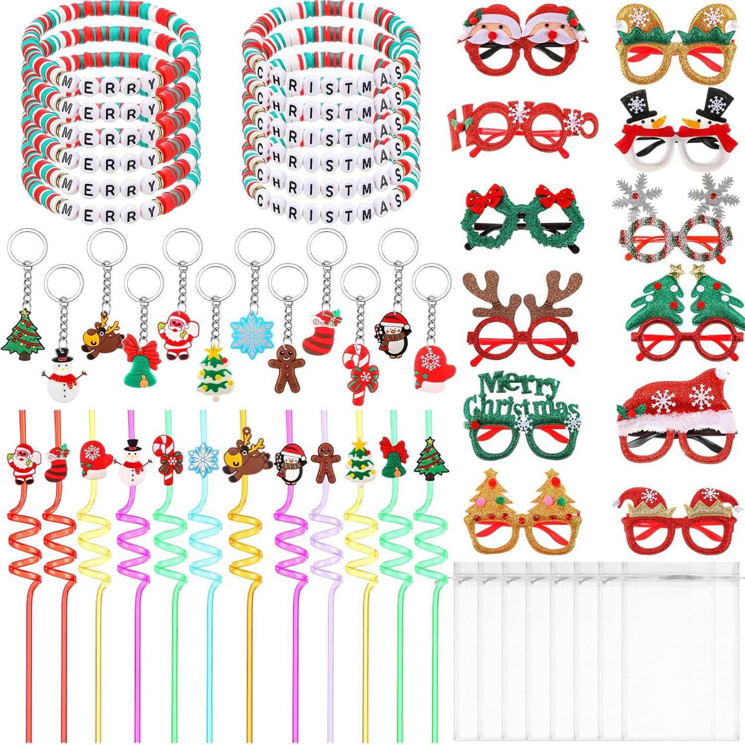 LemonRoad 60 Pcs Christmas Party Favors Gifts Merry Christmas Bracelets Glitter Glasses Reusable Xmas Drinking Straws Keychains with Organza Bags for Xmas Birthday Party Holiday Supplies