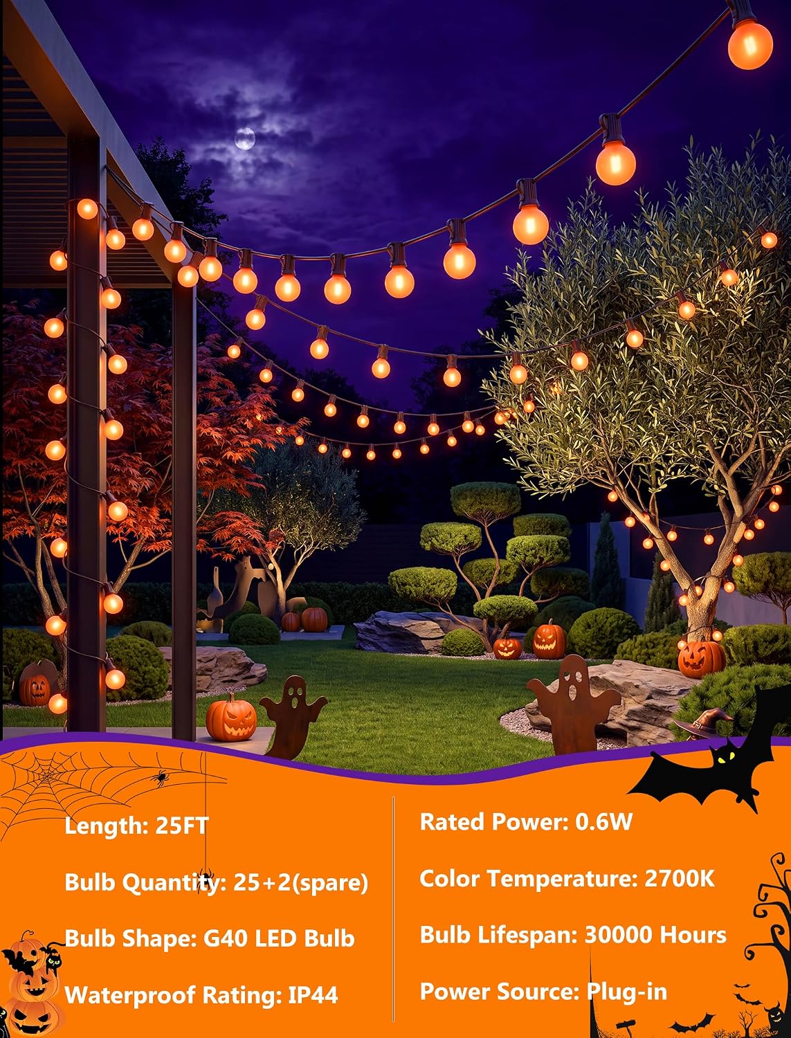 25Ft LED Outdoor Halloween Decorations Lights, 25 G40 Orange Globe Bulbs image 3