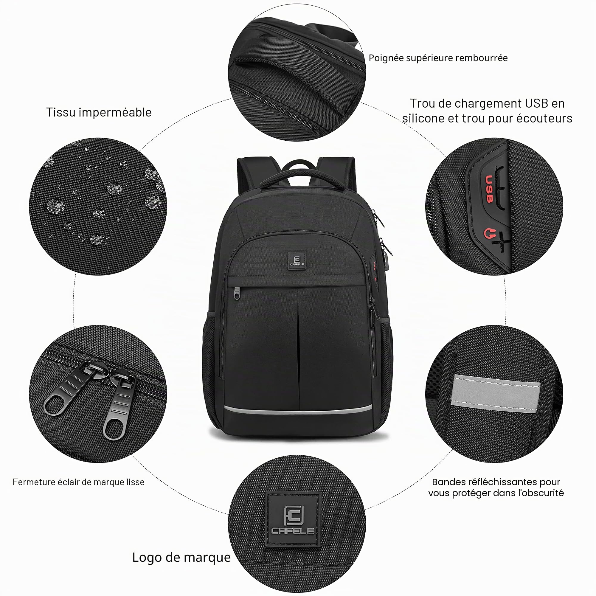 CAFELE Sac à Dos pour Ordinateur Portable,TSA Sacoche pour Ordinateur Portable de Voyage pour Hommes, Sac à Dos d'affaires Mince avec Port de Chargement USB