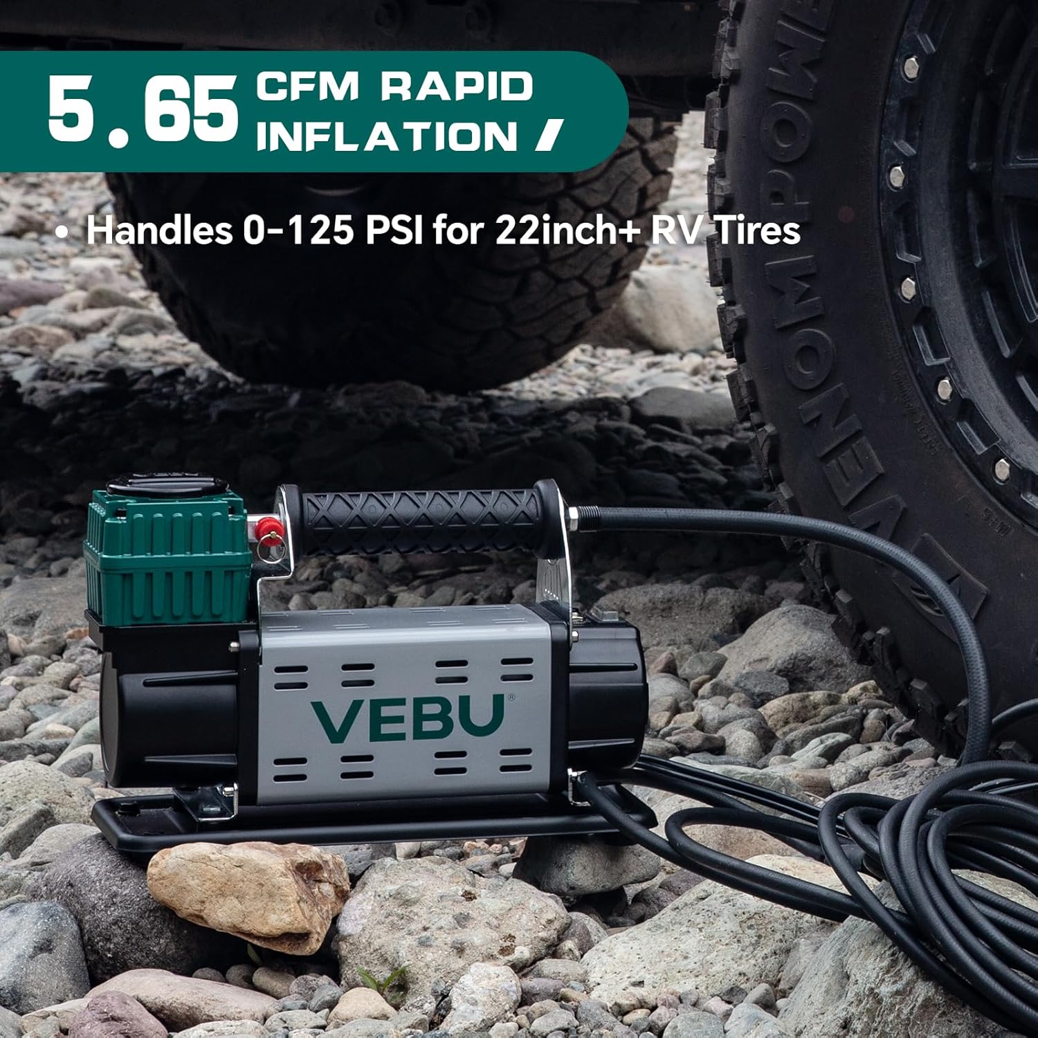 12V Air Compressor, 125PSI Tire Inflator with In-line Pressure Gauge, 5.65CFM Fast Inflation for Off-road Vehicles, Trucks, SUVs, RVs, ATVs, DC Power, Corded Electric