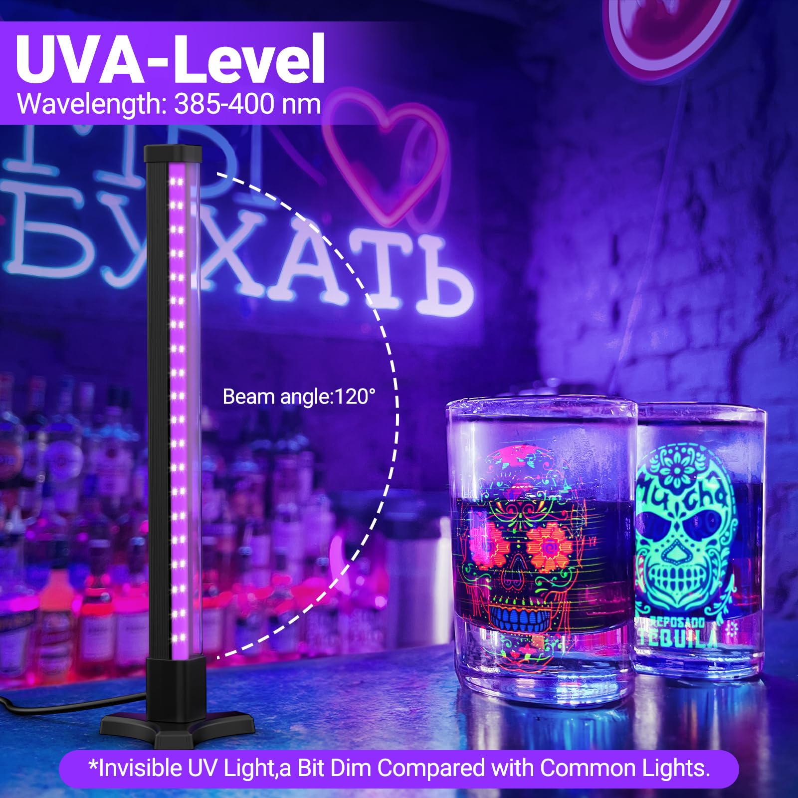 Onforu 15W Black Light Bar, 40 LEDs 15 Inch Blacklight Tube with Plug and Switch, Vertical Standing Blacklight for Glow in The Dark Party, Halloween Decorations, Desktop, Body Paint, Poster