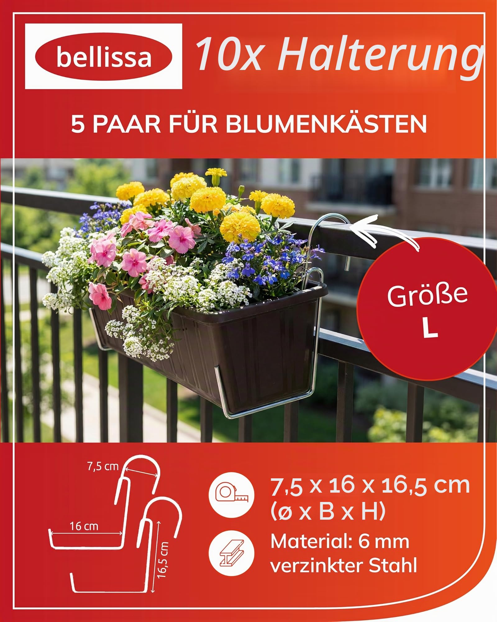 bellissa Blumenkastenhalterung L 10 Stück Stahldraht 7,5 x 16 x 16,5 cm