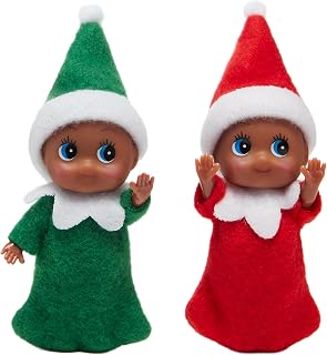 JOYIN Christmas 2PCS Tiny Elf Doll with 1 Red and 1 Green Elf Doll in Dark Skin with Christmas Dress, Holiday Decoration Accessories Tiny Gift for Girls Boys Kids Adults