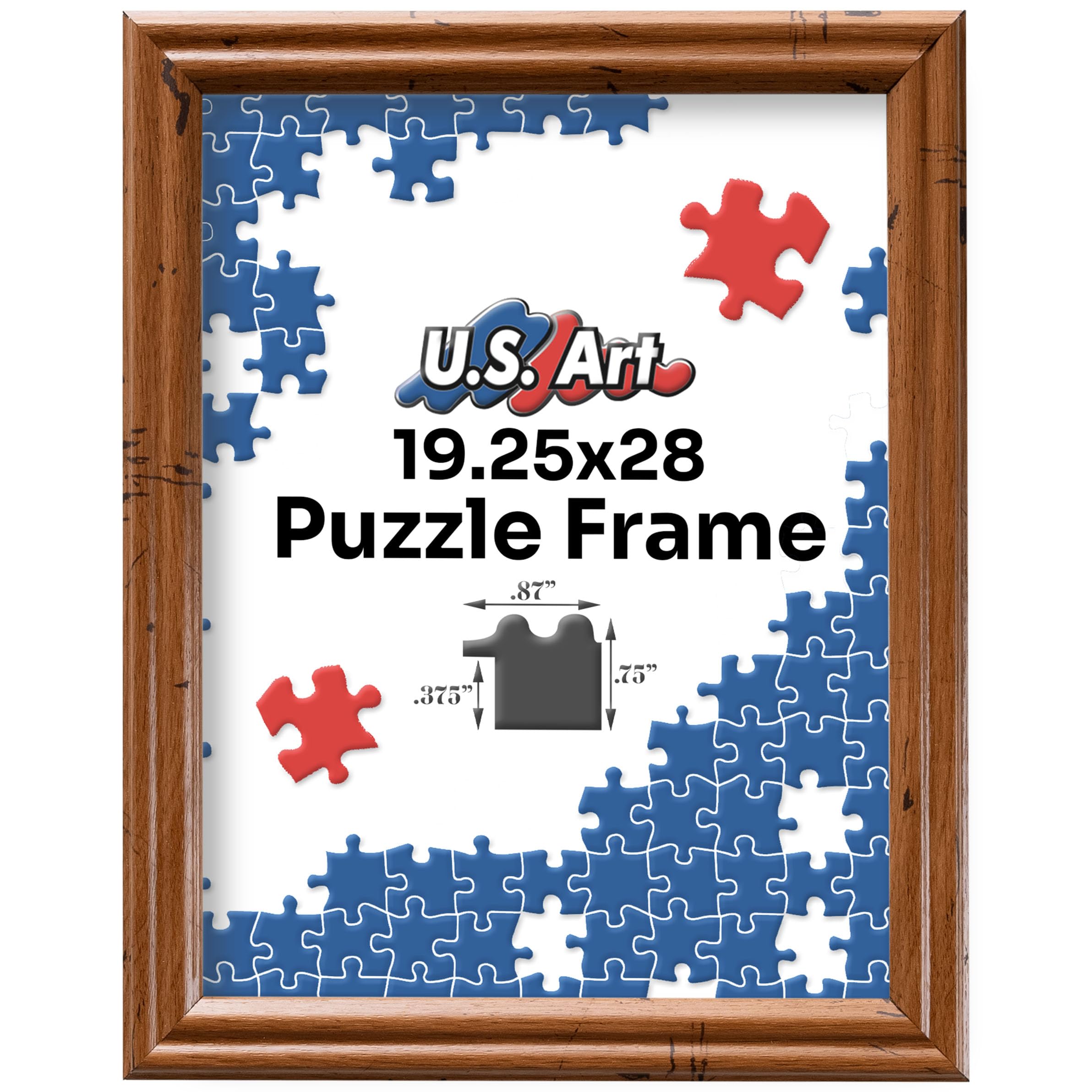 US Art 19.25x28 Distressed Oak Puzzle Frame .75" Inch Wide - Handmade Solid Wood Picture Frames with Preinstalled Hangers and UV Blocking Plexiglass