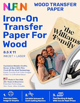 NuFun Activities Printable Iron-on Heat Transfer Paper for Wood, 5 Sheets 8.5 x 11 inch, Long Lasting, Durable, Professional Quality, Easy DIY, Non-Toxic, Made in The USA