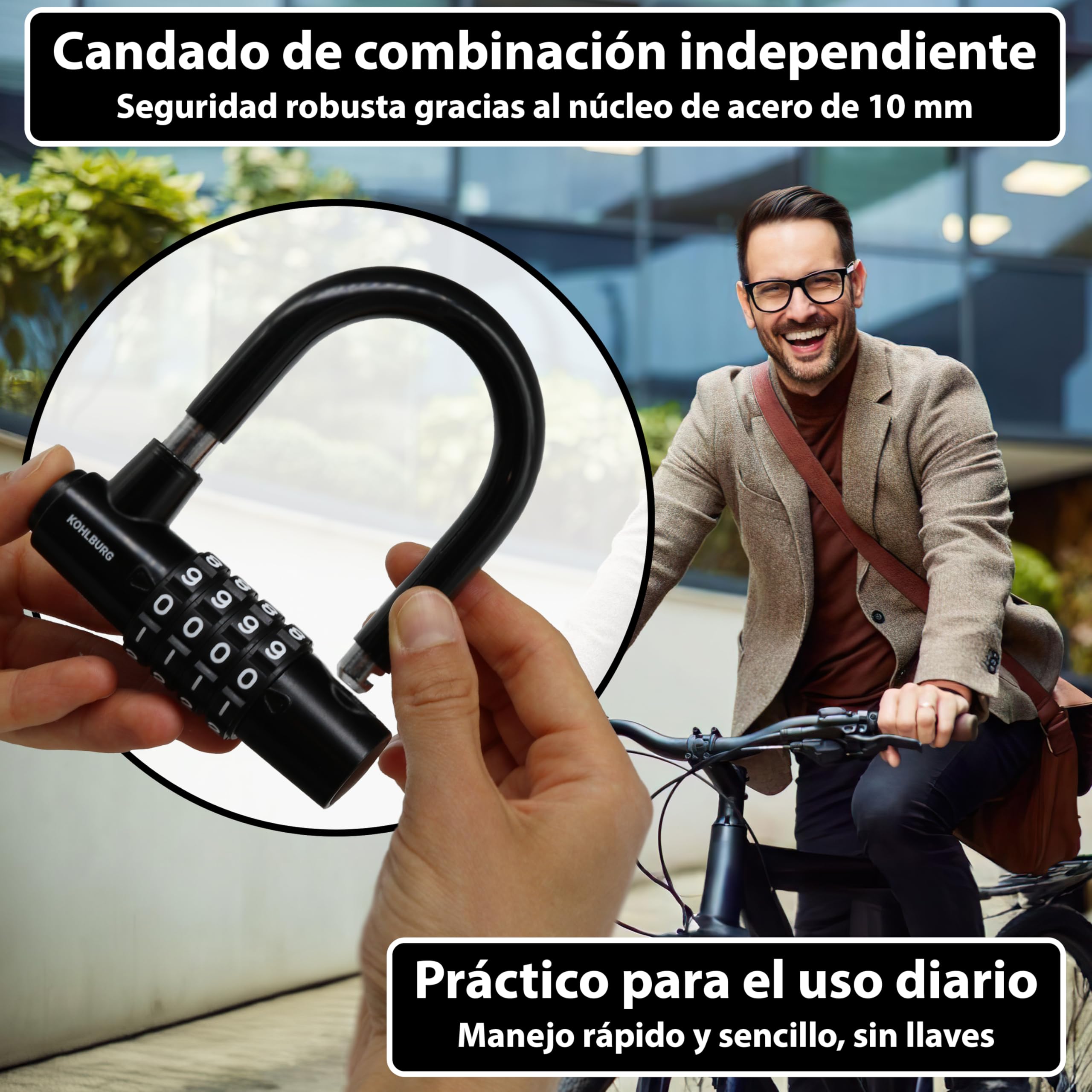 KOHLBURG Candado de cable con combinación 500cm candado bicicleta antirrobo | Candado combinacion 5 metros | Cable de acero con cintas de gancho y bucle | Antirrobo para bici, muebles de jardín, remolque
