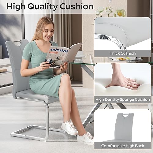 Miniatura 6 de Juego de 4 sillas de comedor modernas, de piel sintética, tapizadas con respaldo alto y patas de metal plateado para cocina, comedor, color gris