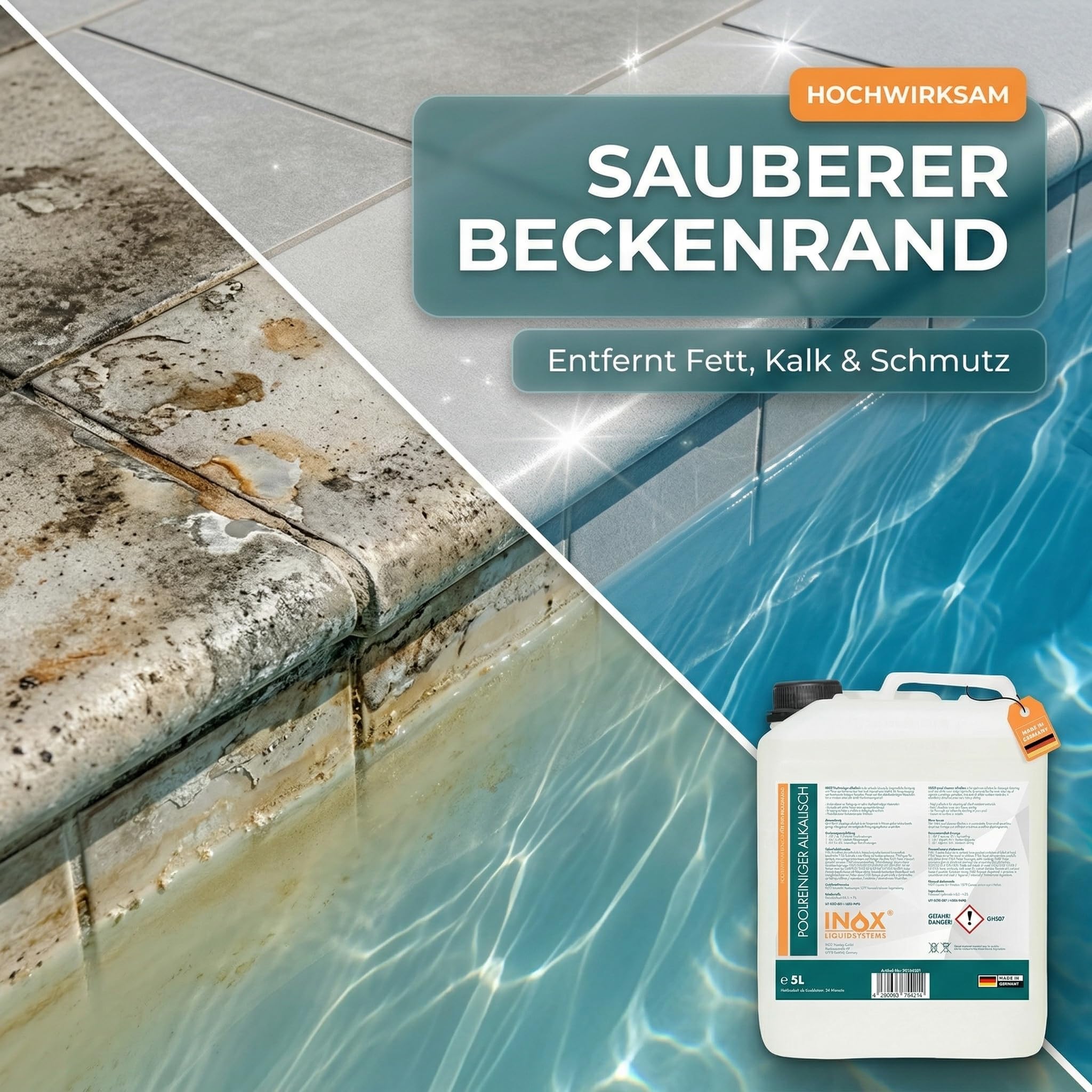 INOX® Pool Randreiniger alkalisch 5L | Hocheffektiver Beckenrandreiniger für Poolfolie, Fliesen & Keramik | Poolrand Reiniger für Folienpools & Kunststoffbecken