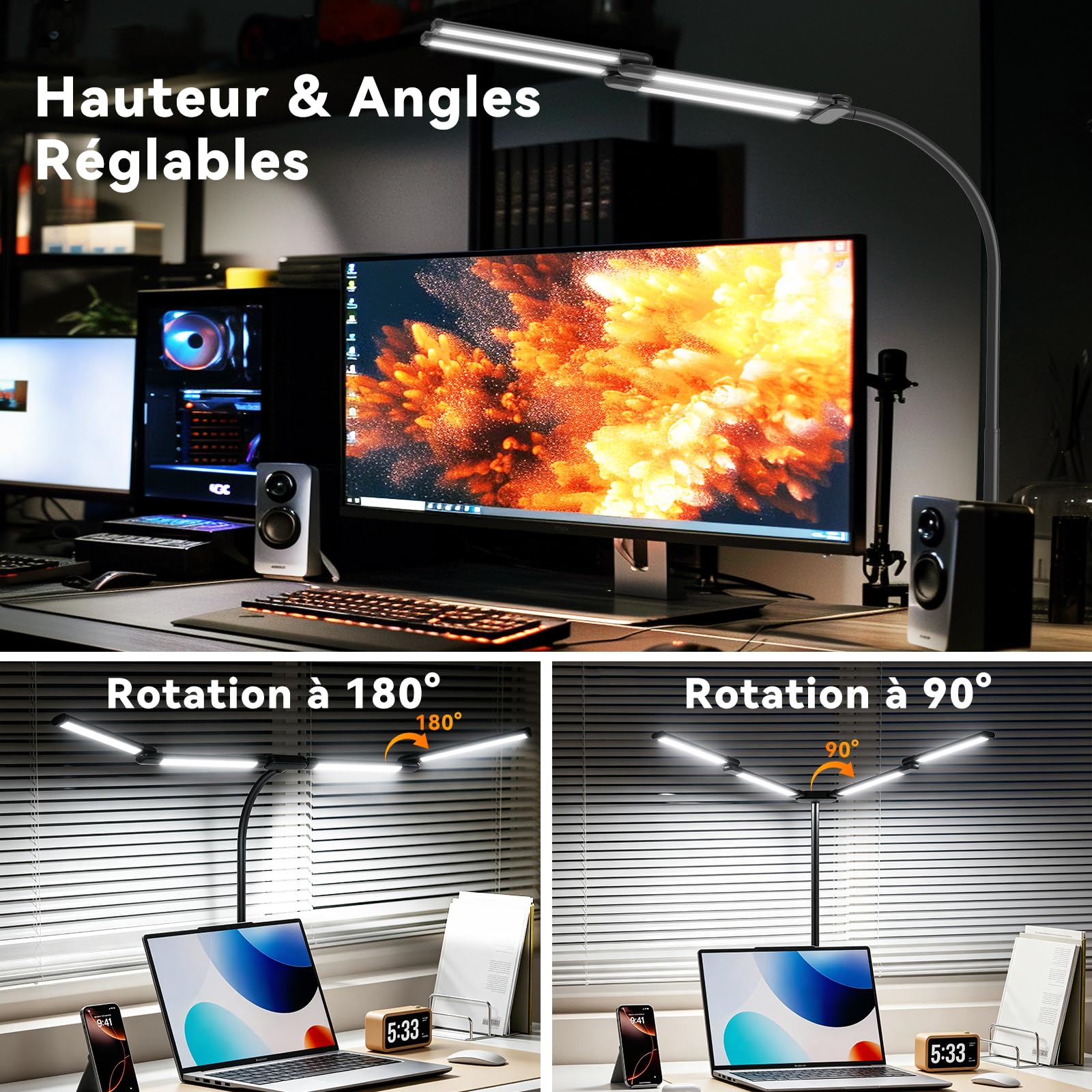Lampe de Bureau LED Dimmable, 118cm 4 Barres Lampe à Pince, 24W 1960LM Lampe Bureau à Col de Cygne, Protection des Yeux, 5 Couleurs & 10 Luminosités Lampe Puissante pour Écran Dessin Couture