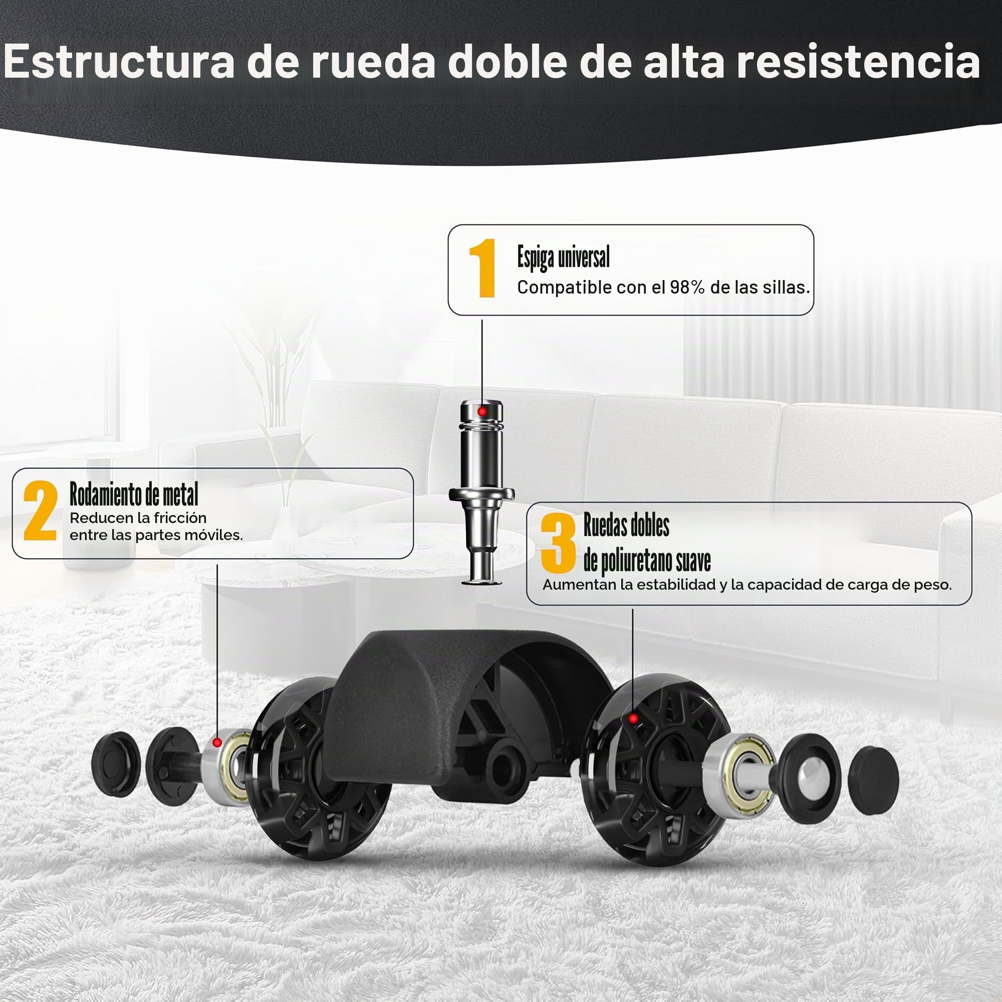Mastery Mart Juego de 5 ruedas para sillas de oficina de 11 mm, 70 mm de altura, ruedas de suelo duro, para sillas de oficina, parquet, aptas para el 98% de todas las ruedas, no para 1KEA, color negro