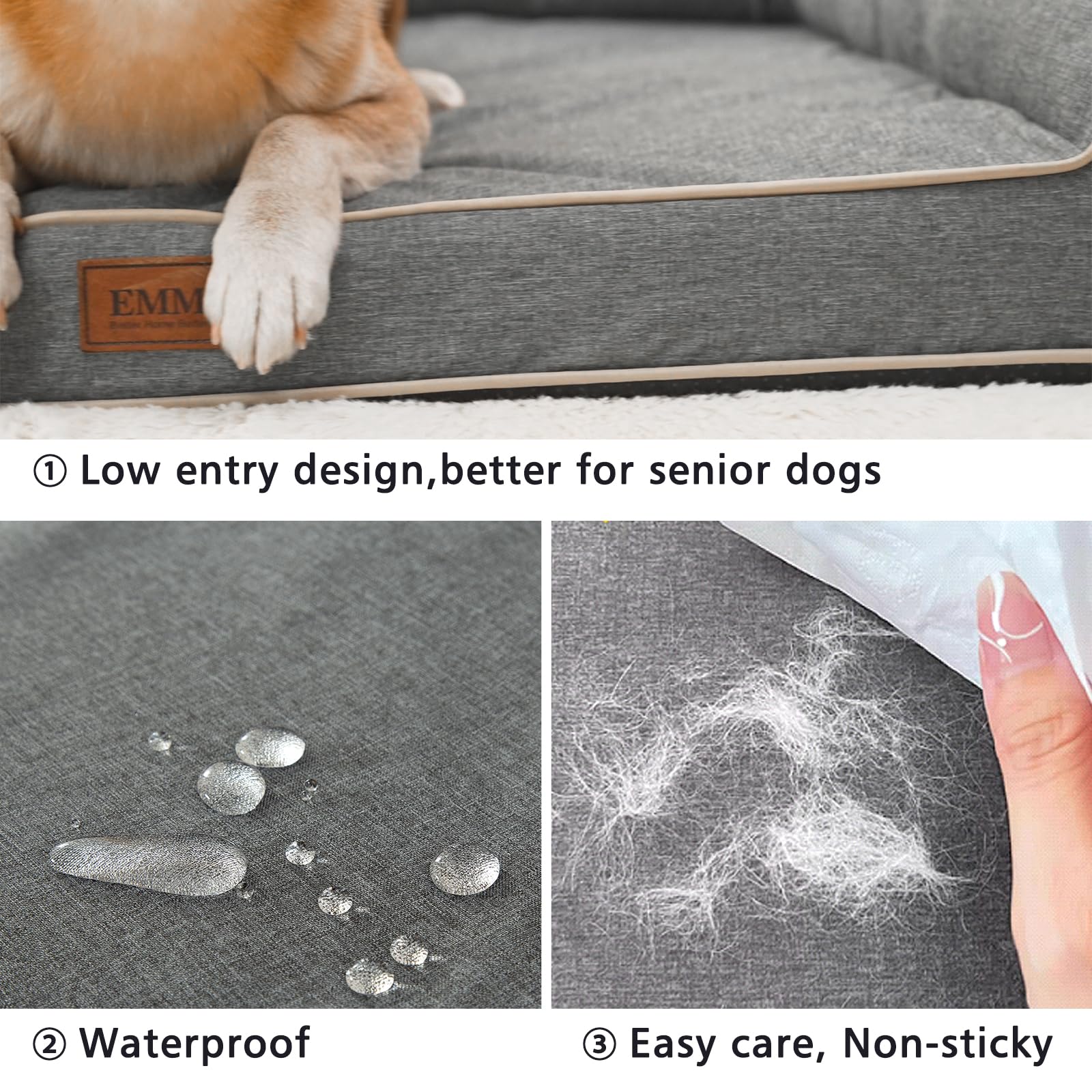 EMME Lettini per cani e cuccioli di piccola taglia, lavabili di medie dimensioni, 68,6 x 50,8 x 17,8 cm, divano impermeabile, schiuma ortopedica a forma di uovo, fodera in lino grigio rimovibile