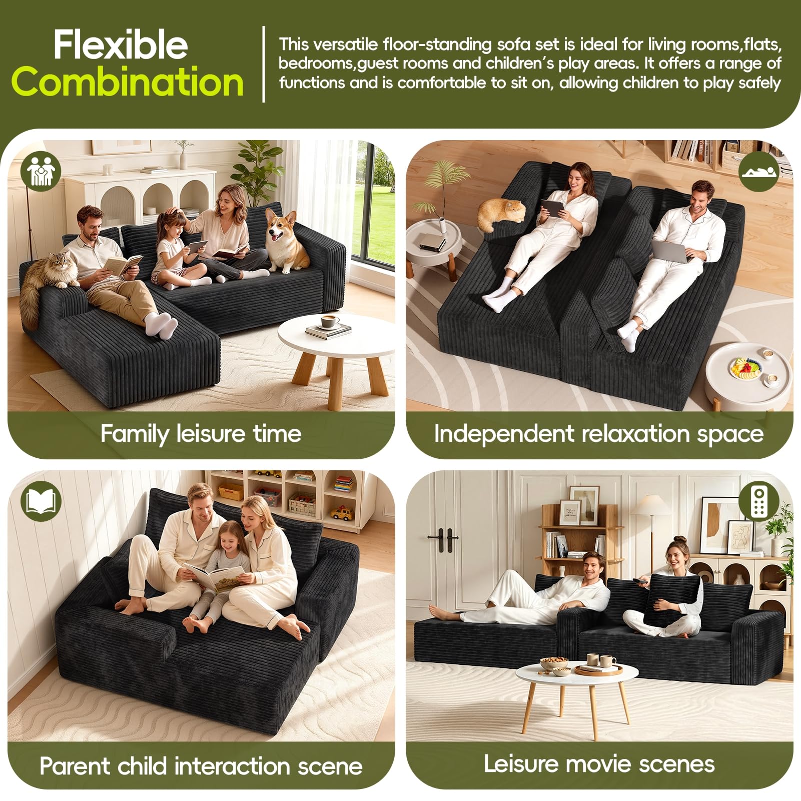 Sofá seccional Cloud en forma de L moderno modular para sala de estar con asientos profundos, sofá tapizado de tela de panel, no requiere montaje, 260 cm de ancho, negro, talla única