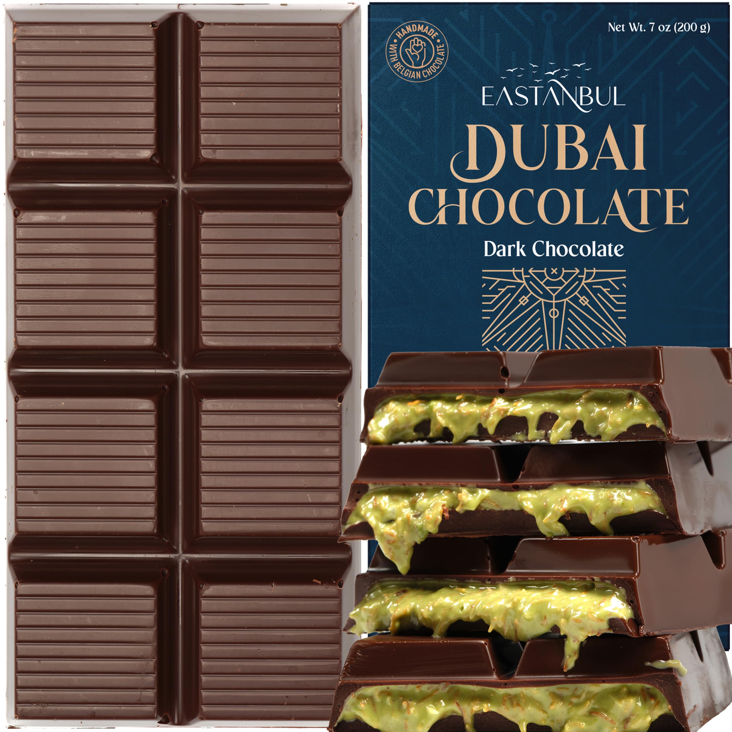Eastanbul Dubai Dark Chocolate Bar Pistachio, 7oz, Premium Belgium Chocolate, Pistachio Dubai Bar, Viral Candy with Shredded Phyllo Dough, Knafeh, Gift Box