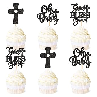 Ercadio 24 Pack God Bless You Cupcake Toppers Baptism Oh Baby Cupcake Picks Baptism Cupcake Toppers Cross Cupcake Picks for Christian Theme Baby Shower Party Decoration Supplies