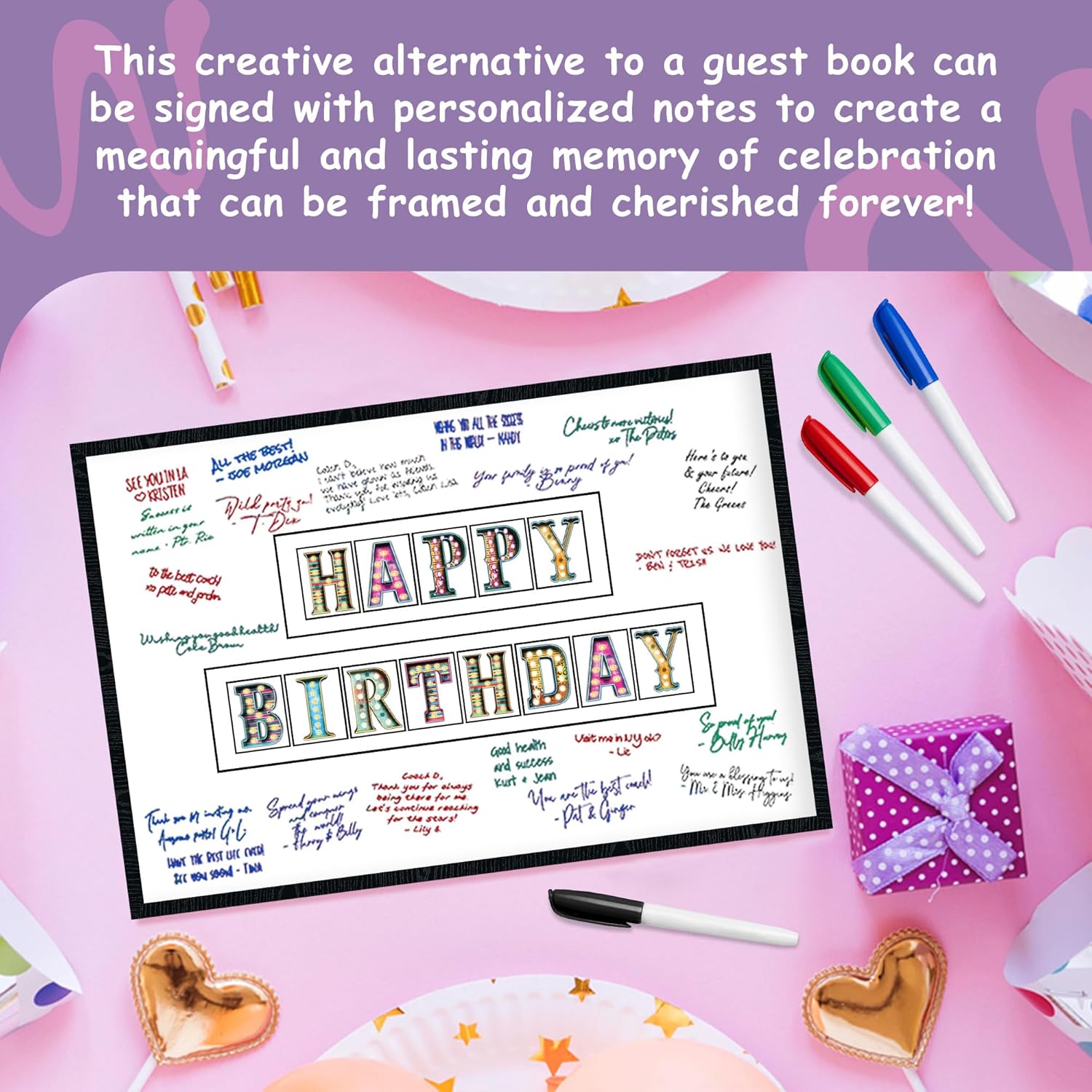 L&O Goods Cheers To Happy Birthday | Large Signature Board Wall Decor | Guest Book Alternative for Birthday, Anniversary, Company Party | Wall Art Poster Gift | 11x17 Inch with Frame and Markers