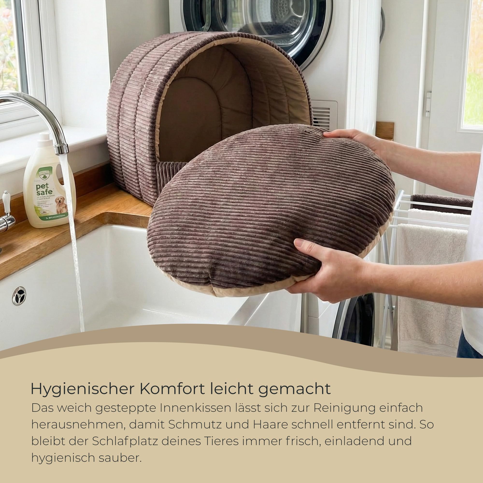 Hundehöhle und Katzenhöhle 63 x 53 cm - Weiches Hundebett und Katzenbett mit Cord-Struktur - Kuscheliger Rückzugsort für kleine Hunde, Welpen und Katzen - Braun