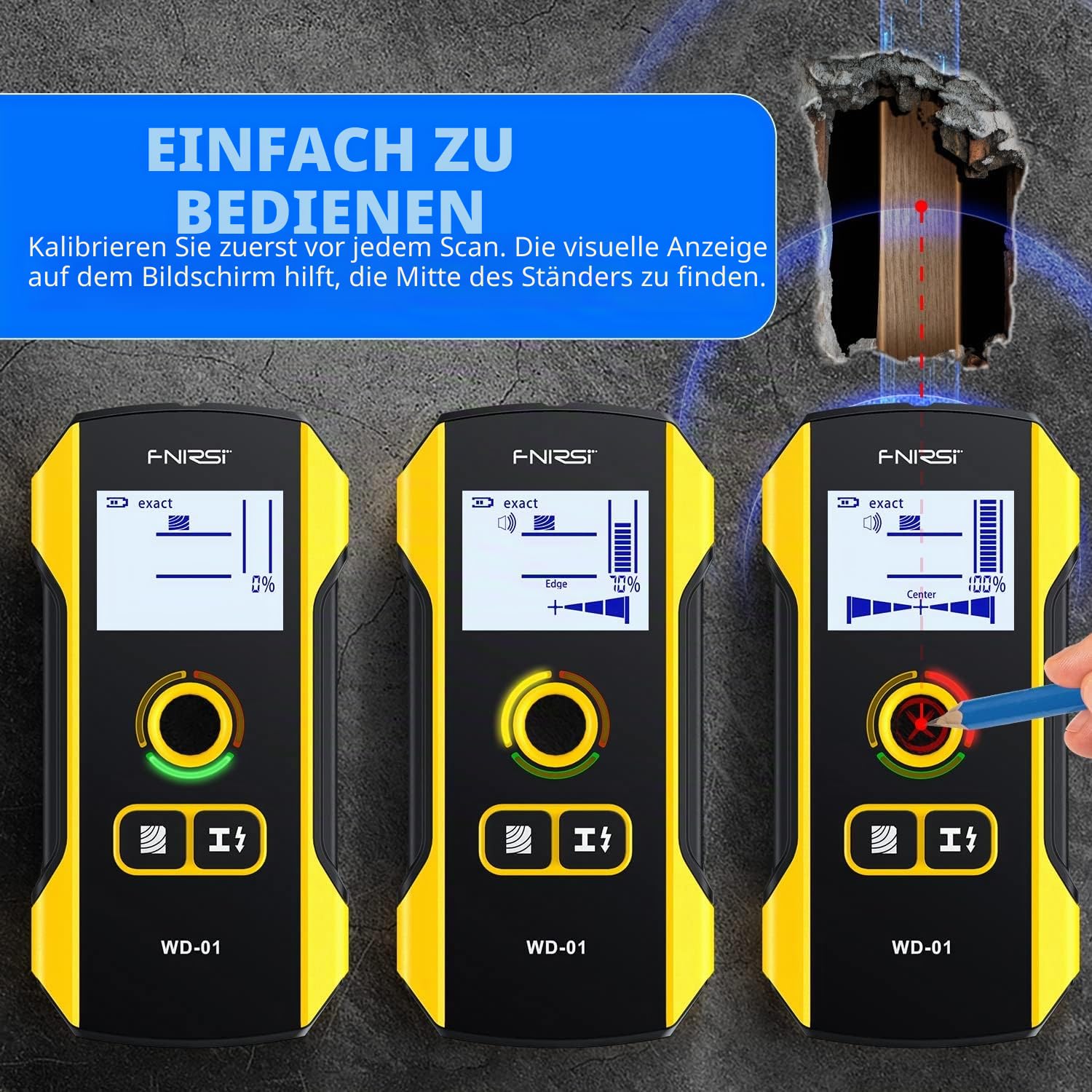 FNIRSI 6-in-1 Wandscanner – Elektronischer Wanddetektor für Holz- und Metallständer, Kabel, Rohre und Balken, mit verbessertem Positionierungsloch für Mitte und Rand, ideal für Gips- und Mauerwände