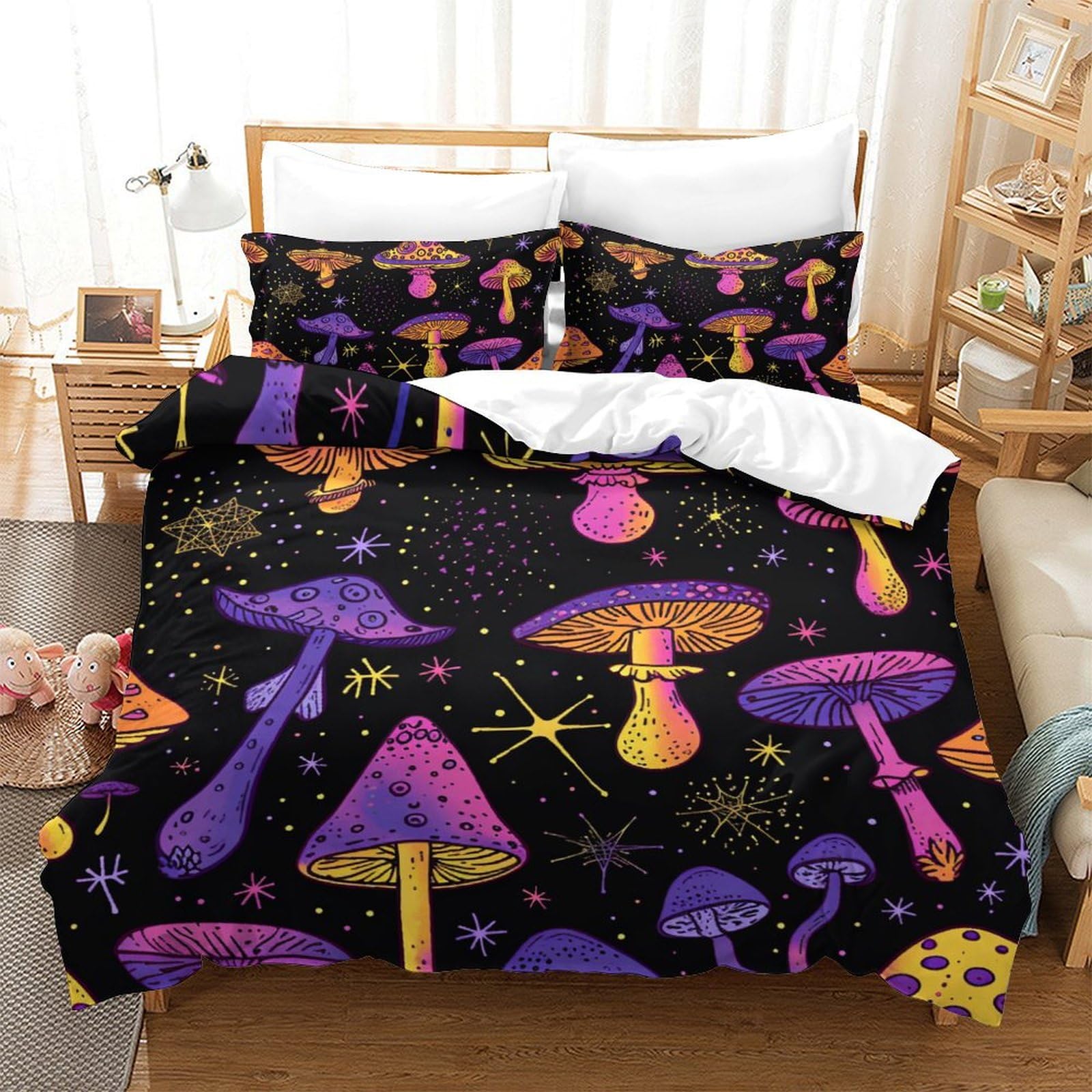 Housse de couette anti-décoloration imprimé 3D champignons literie durable 3 pièces
