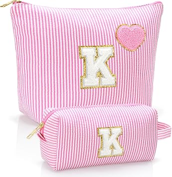 Initial Makeup Bag Personalized Preppy Cosmetic Bag Trendy Toiletry Travel Bag For Teen Girls Kids Women Letter Makeup Pouch Purse Holiday Gifts Birthday Gifts 2pack K, Pink
