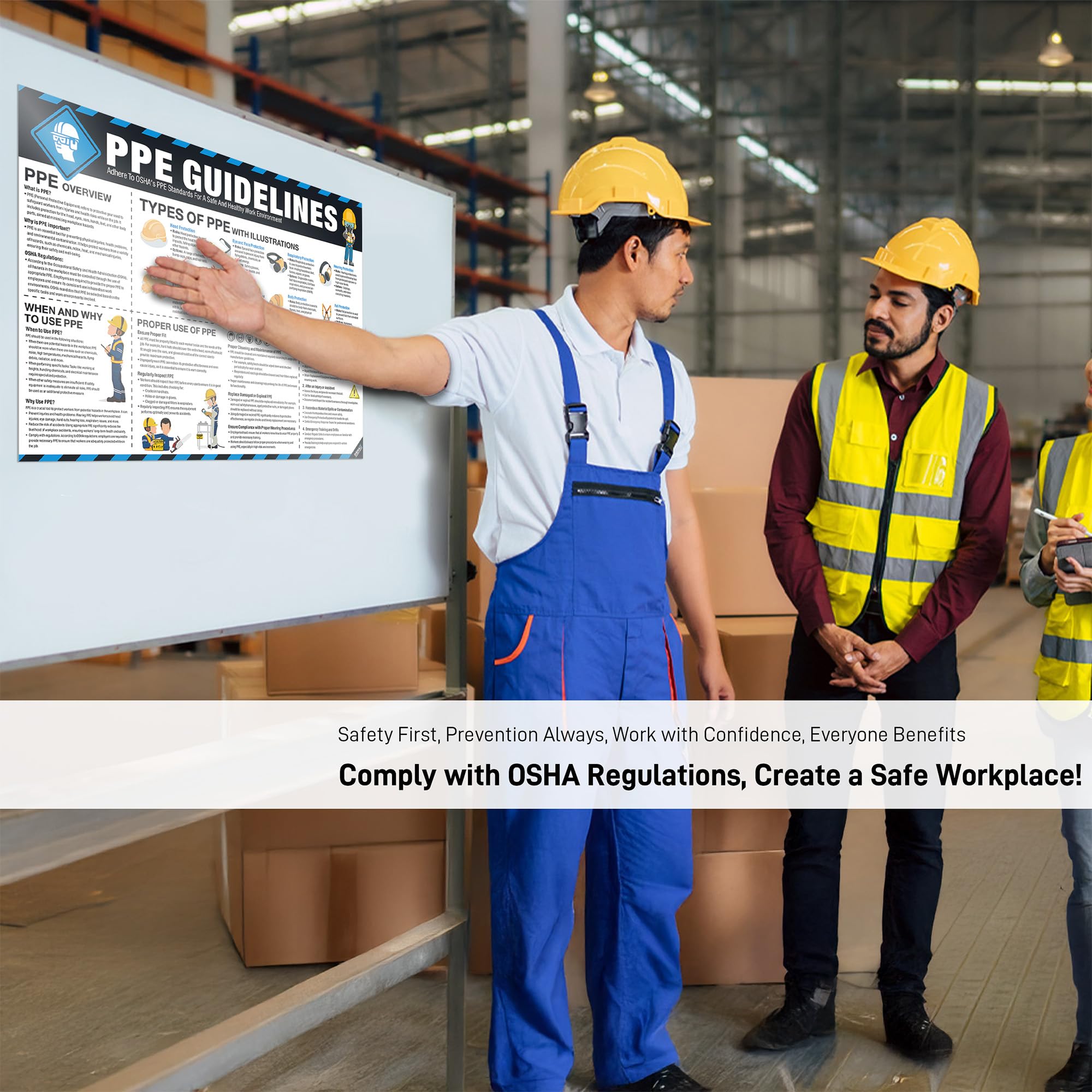Póster de seguridad PPE de 18 x 24 pulgadas, guía de equipo de protección personal (EPP) compatible con OSHA para lugar de trabajo y construcción, uso de equipo de protección, señal de seguridad para