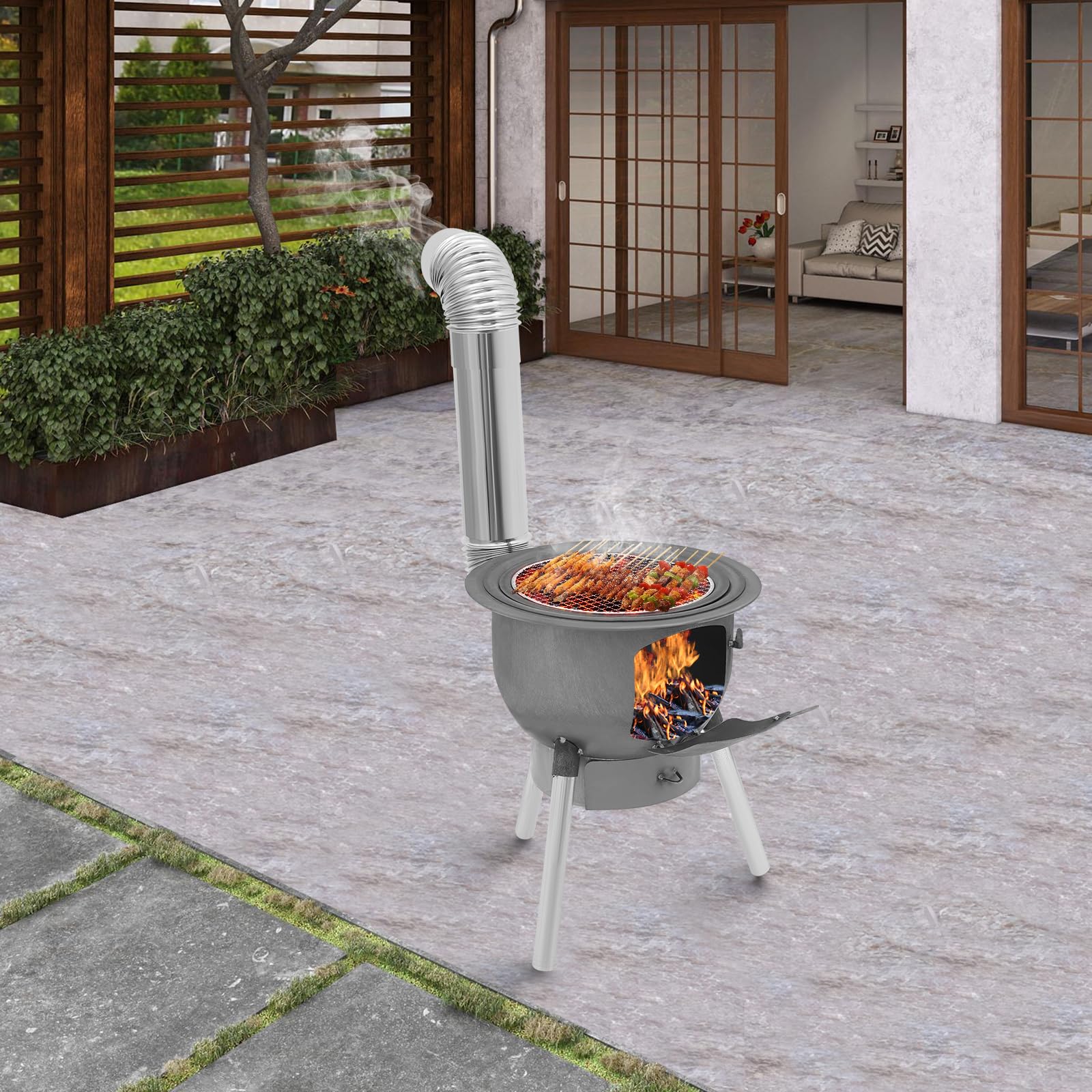 Przenośny piec na drewno, piec namiotowy z rurą kominową, rusztem do grillowania i nogami, piec rakietowy, ogrzewanie namiotu, na kemping, wędrówki, piknik i grill (43 cm, 3 pierścienie grzewcze)