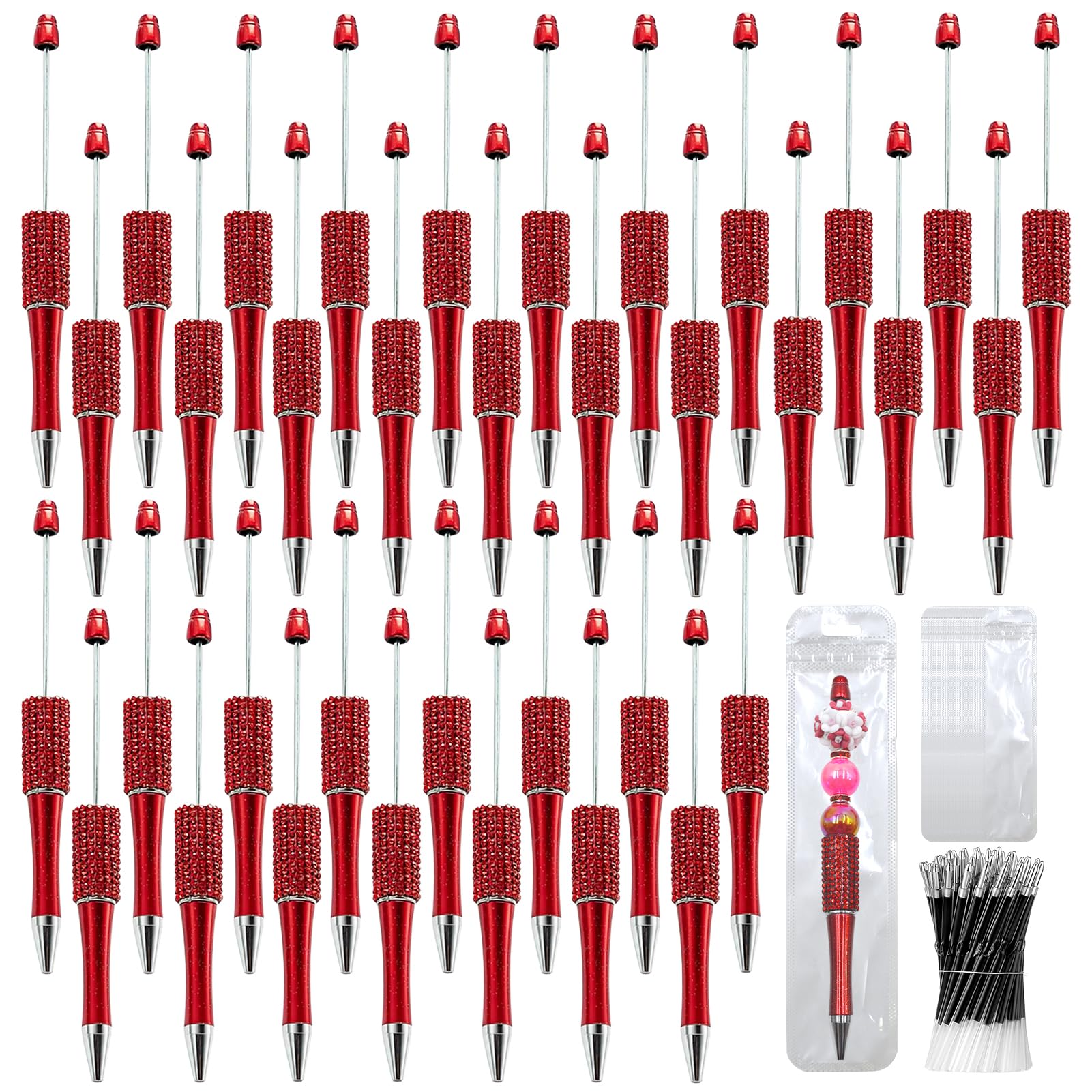 75 Pcs DIY Diamond Beadable Pen Kit - 25 Plastic Rhinestone Beaded Pens Bulk with Refills &amp; Bags - Fancy Cute Glitter Pens for Crafting, Students &amp; Teachers – School Supplies (Red)