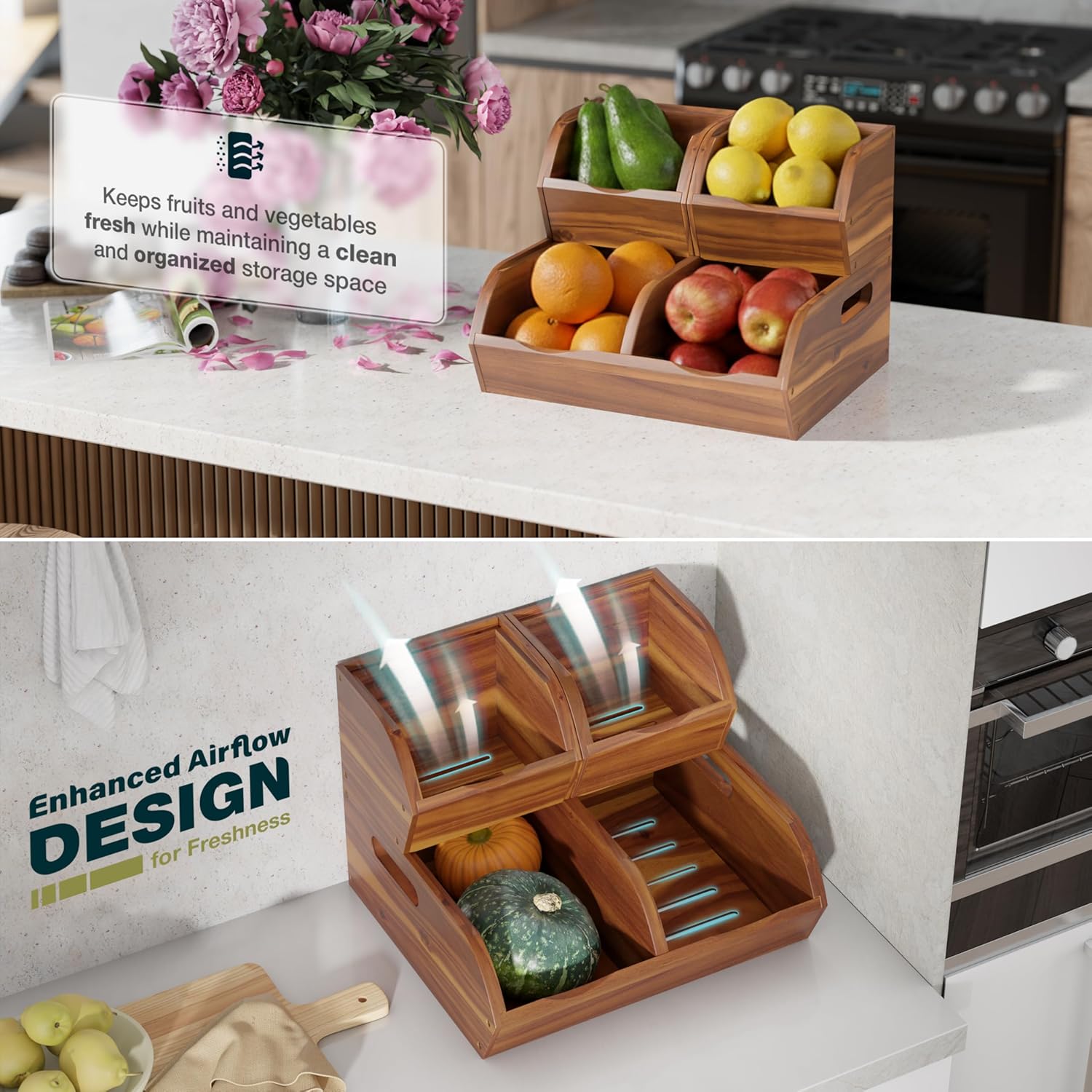 Acacia Wood Pantry Storage Bins – Stackable Open Front Kitchen Baskets for Potato, Onion, Fruit, Bread & More – Rustic Wooden Basket for Pantry - Easy Assembly with Tools & Hardware Included - Image 4