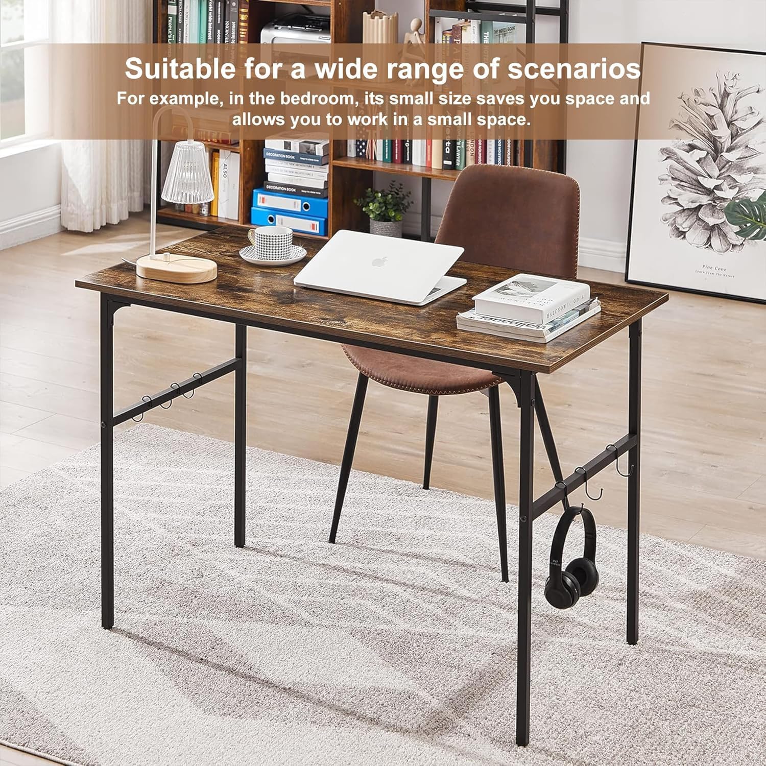VECELO Computer Desk Water Proof Writing Desk with 4 Hooks Work Desk with Adjustable Feet Computer Desk for Small Space/Home Office/Dormitory 43 Inch,Rusic Brown