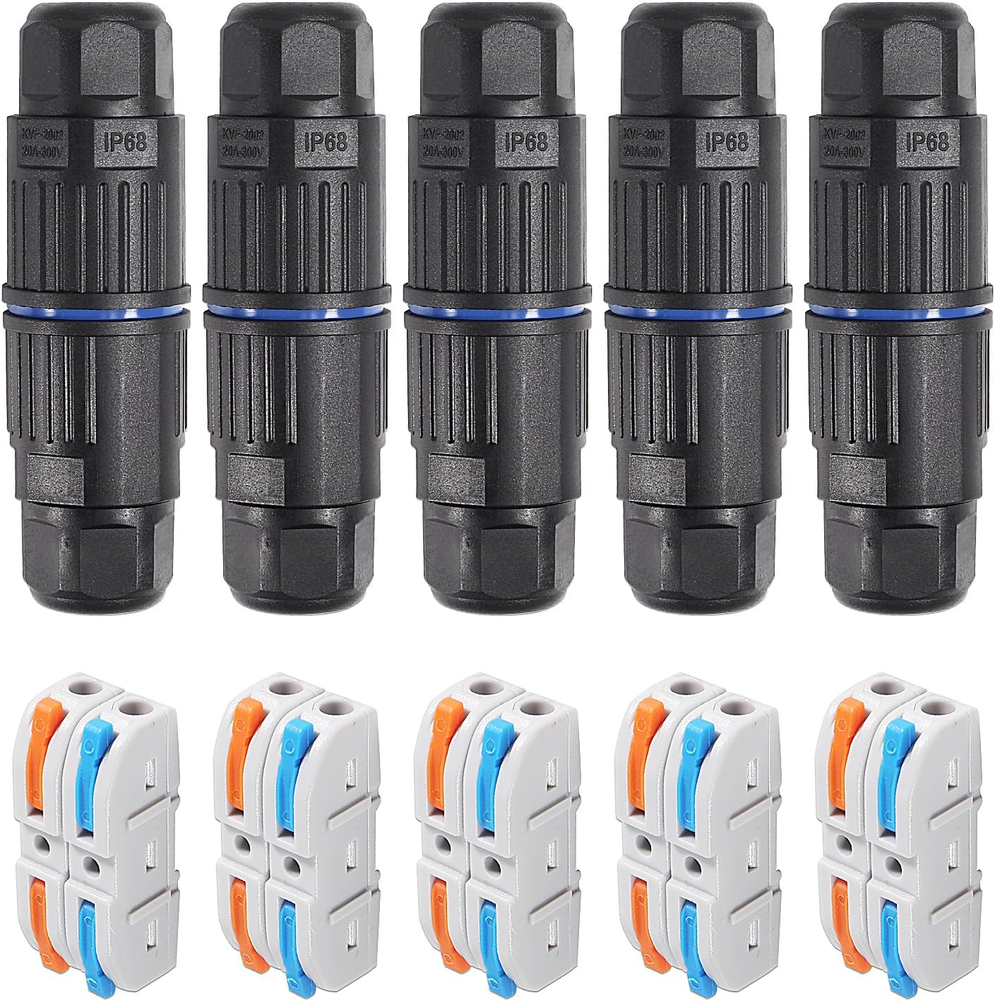 5PCS IP68 Waterproof Junction Box, Outdoor 2 Way Electrical Cable Connector, Replaceable Lever Wire Connectors for AWG 28-12, Quick Screwless Installation