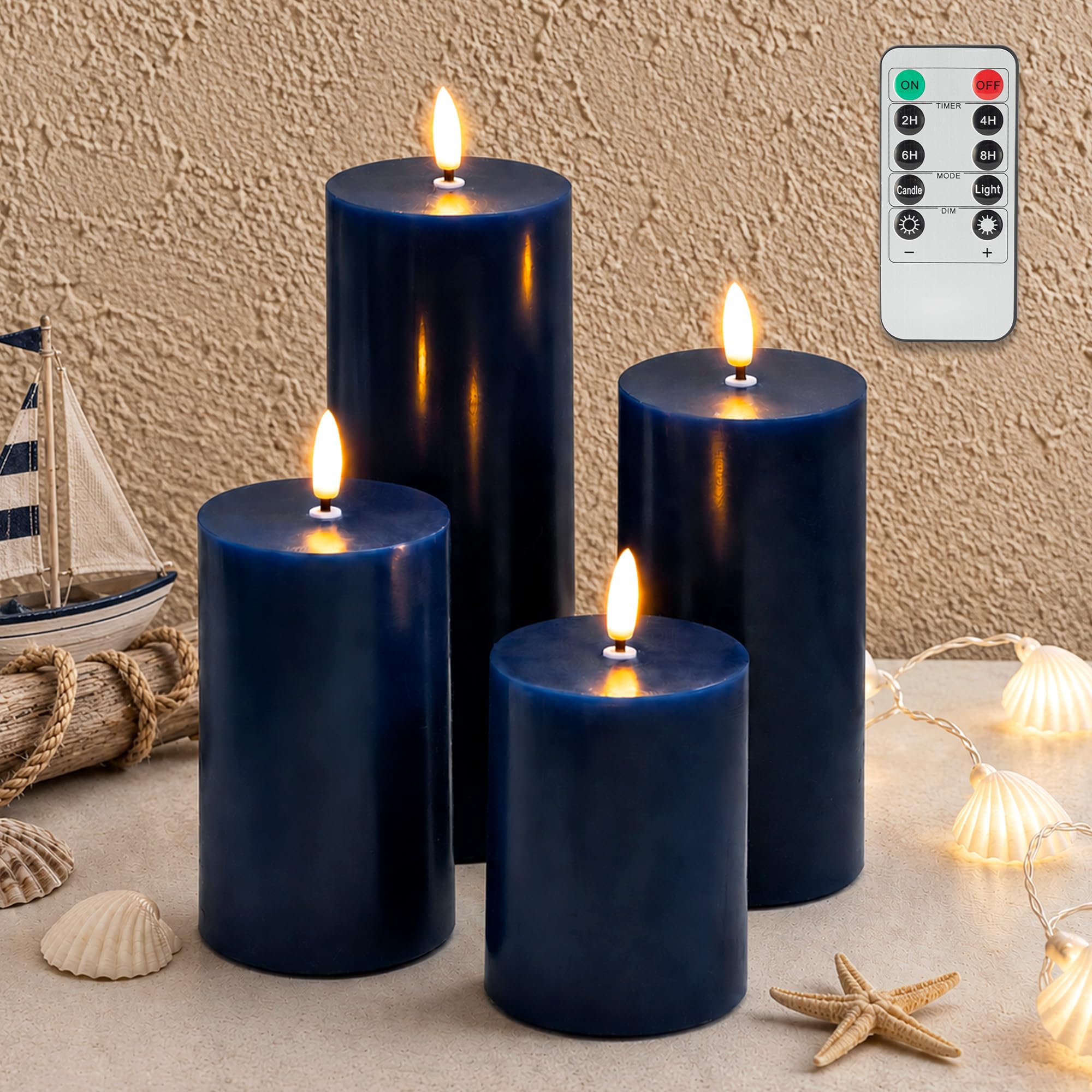 JOIONE Navy Blue Flameless Pillar Candles with Remote, 4 Pack Ocean Decor