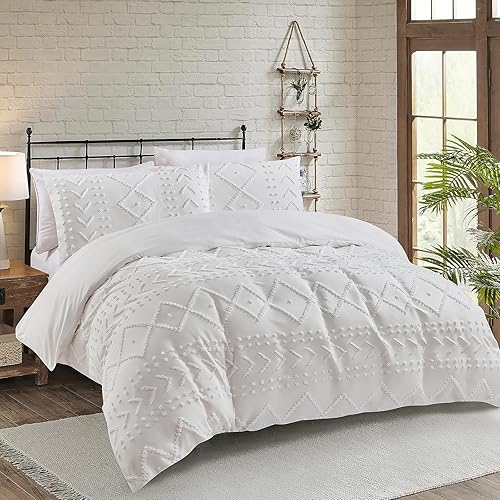 Miniatura 2 de Funda de edredón blanca tamaño Queen, funda de edredón suave similar al algodón Queen de 3 piezas para todas las estaciones, fundas de edredón