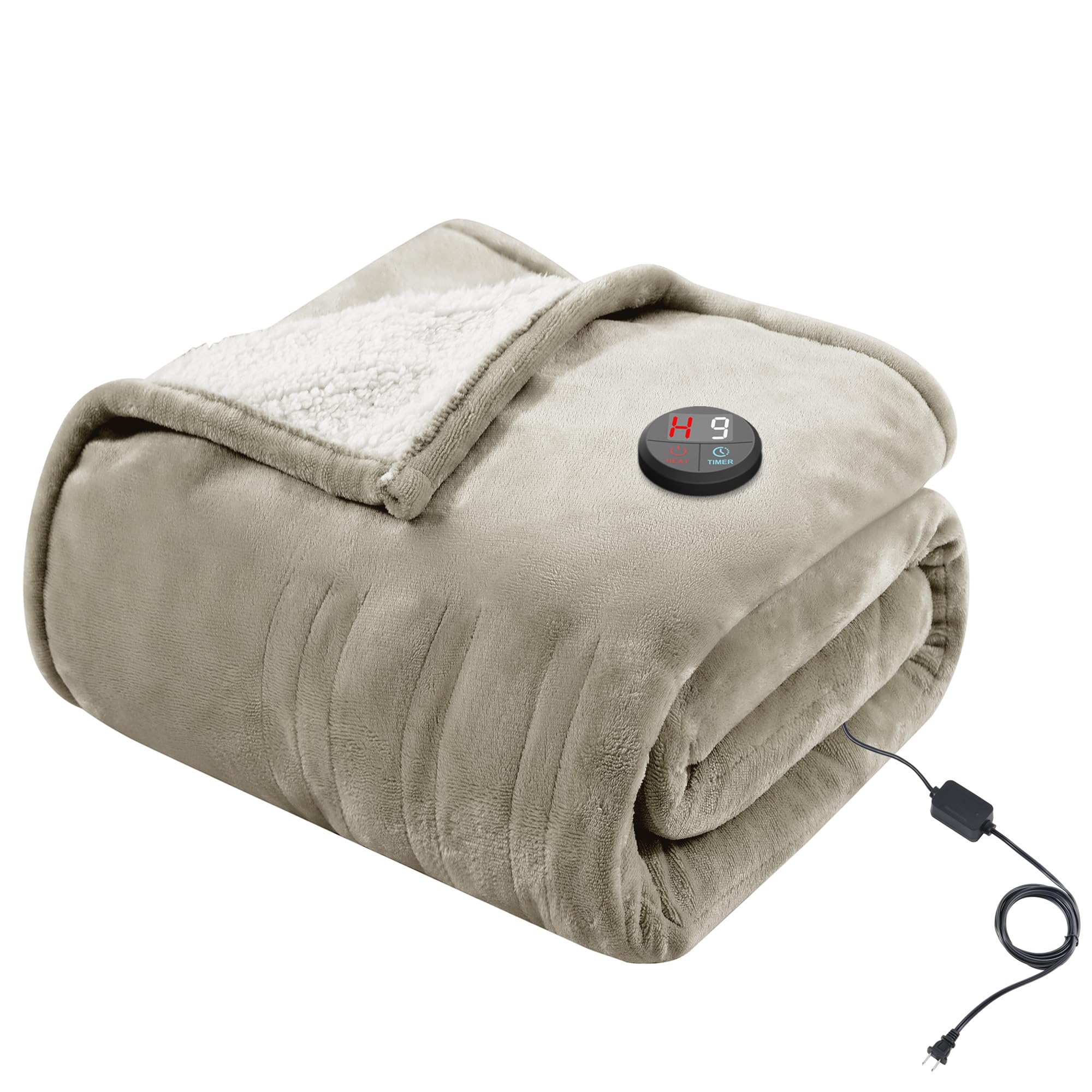 GOTCOZY Heated Blanket in khaki color draped over a chair, showing the integrated controller.