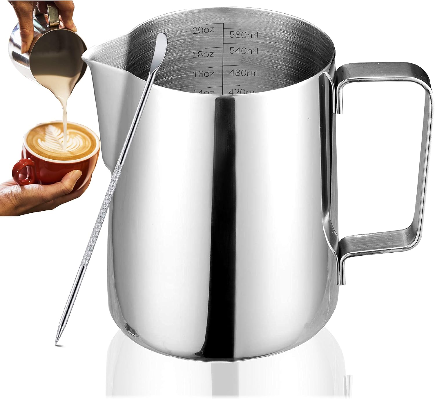 Milk Frothing Pitcher Jug Coffee Spoons Frother Steamer Cup Foam Making-Suitable for Espresso- Hot Chocolate-Stainless Steel-Easy to Read Creamer Measurements Inside (20oz/600ml)