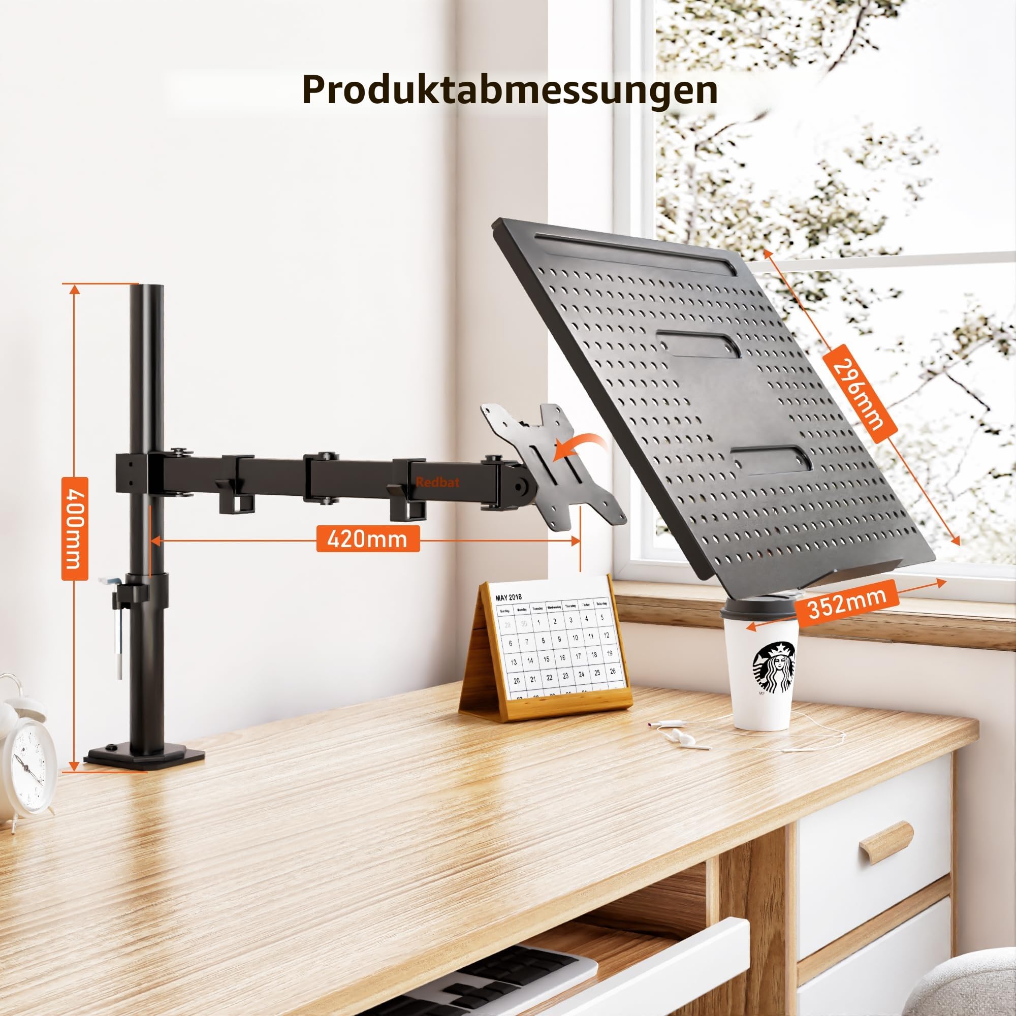Redbat Monitorarm mit belüfteter Laptopablage, voll einstellbar für 13 bis 32 Zoll LCD LED Bildschirm & bis zu 16 Zoll Notebook, 2 Befestigungsmöglichkeiten, Neigen, Schwenken & Drehen