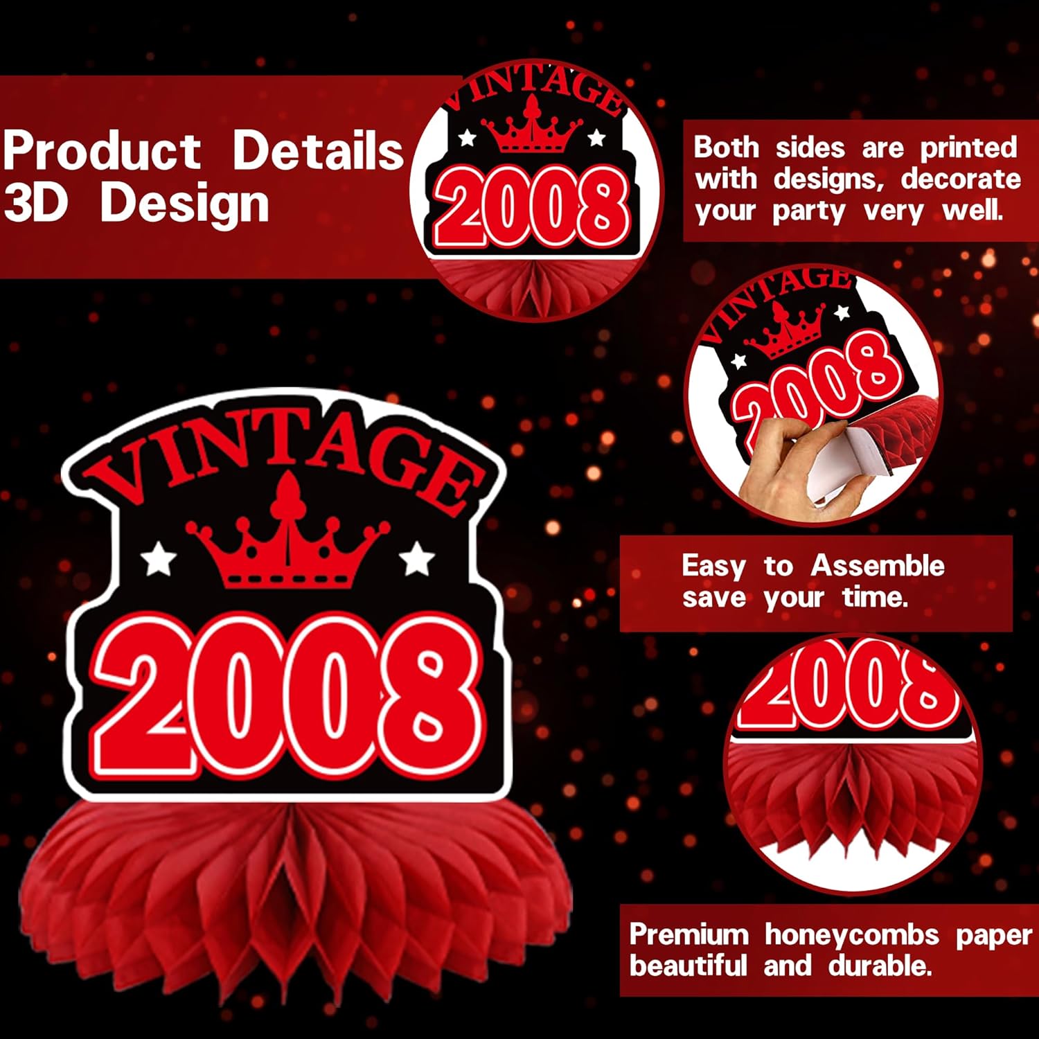 DARUNAXY 18th Birthday Party Decorations for Boys, Black Red Back in 2008 Banner, Red 18 Number Balloons & Cake Topper, Vintage 2008 Sweet 18 Birthday Honeycomb Hanging Swirl Confetti Balloons(30PC)