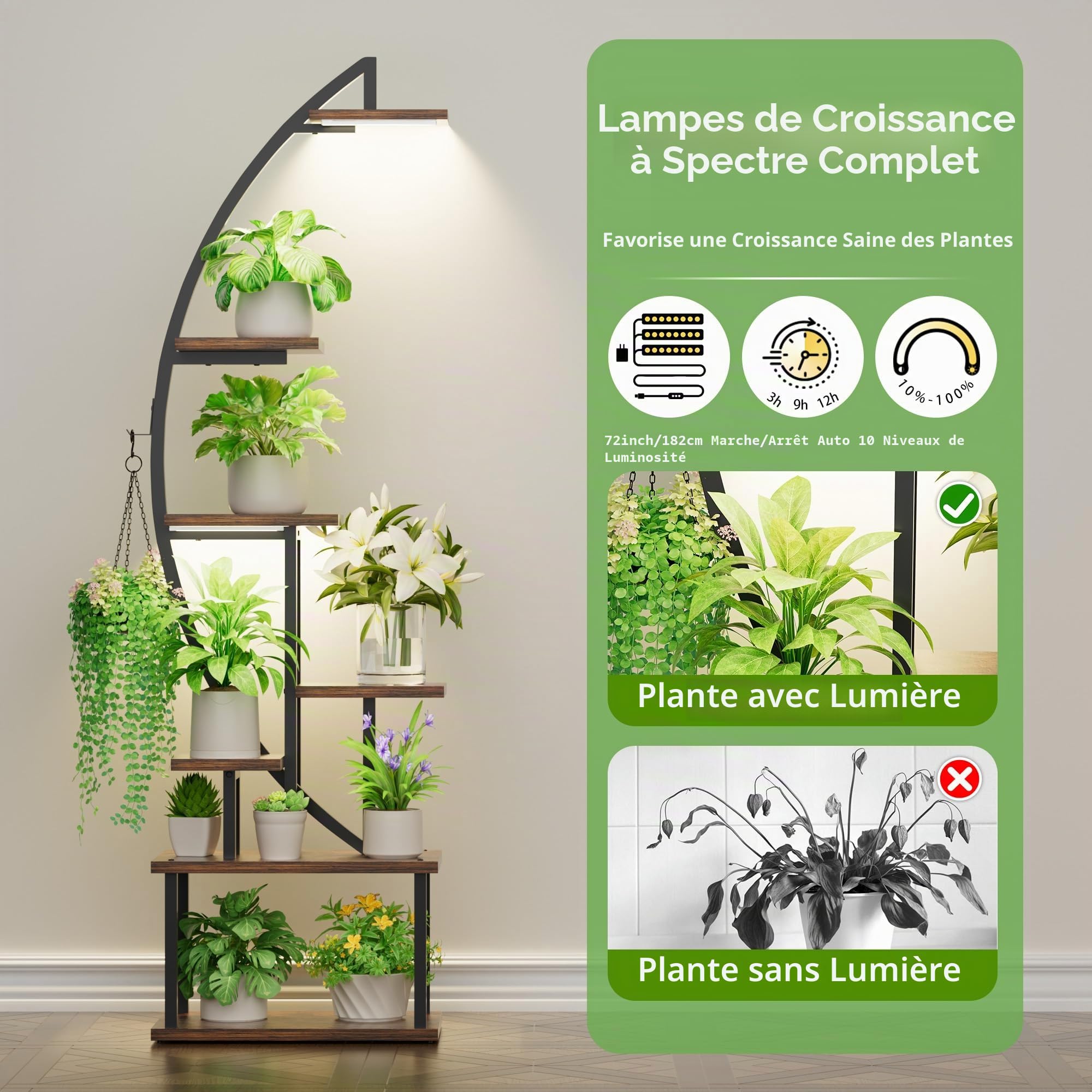 BACEKOLL Support Plantes Intérieur avec Lampe de Croissance, Étagère Plante 7 Niveaux et 14 Tablettes, Porte Plante Métal et Bois pour Salon, Balcon, Entrée, Fenêtre, Lot de 2