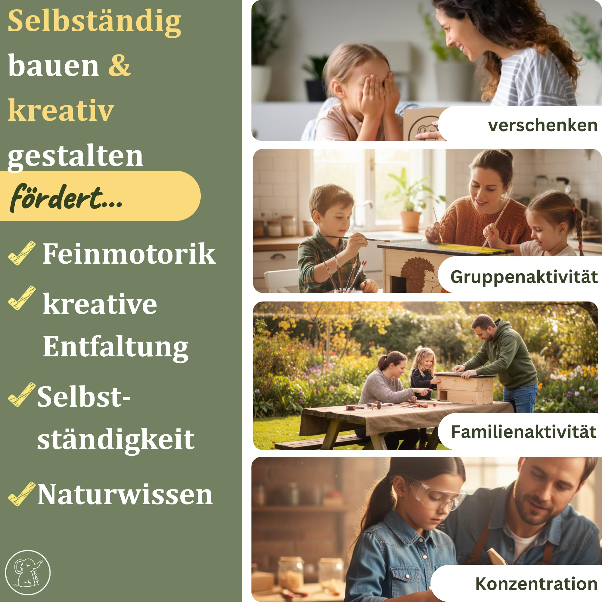 Eli® Igelhaus Bausatz für Kinder mit Rattenklappe und Labyrintheingang | bodenloser Set aus Kiefernholz zum Bemalen – inkl 6 Farben - Pinsel - Schrauben - Schablonen & Vorlagen - Jungen - Mädchen