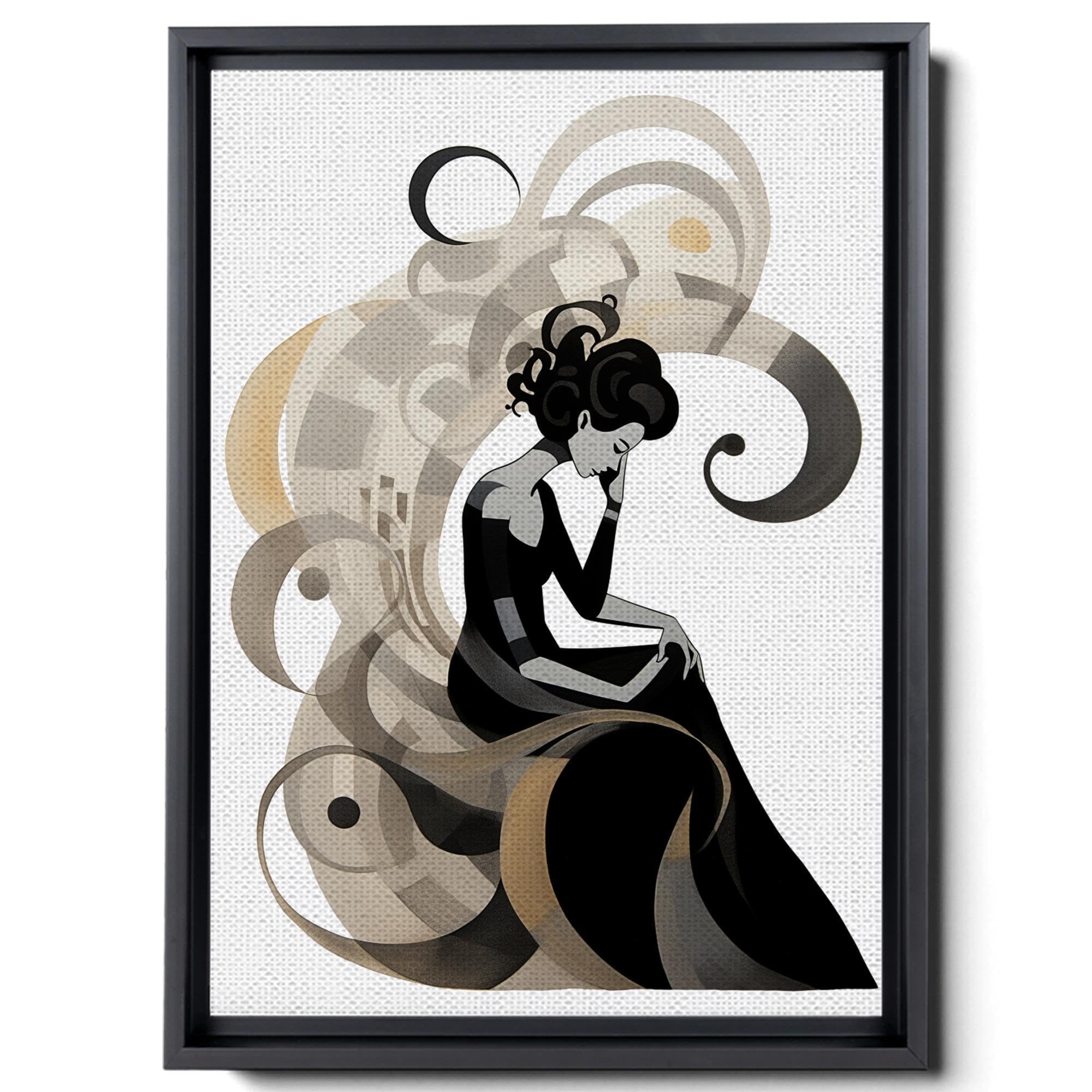 A Gray And Black Image With A Woman Sitting On Top, In A Graceful Curve Style, Graphic, Stylized Forms, Bold Curves, Light Beige And Black, Loose Gestures, Canvas