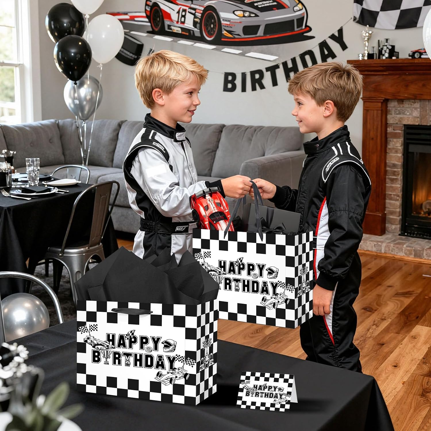 Woosytoo Race Car Gift Bag for Boys Black and White Checkered Gift Bag with Tissue Paper and Card Happy Birthday Racing Car Party Decorations for Birthday Funny Games Party Supplies image 3