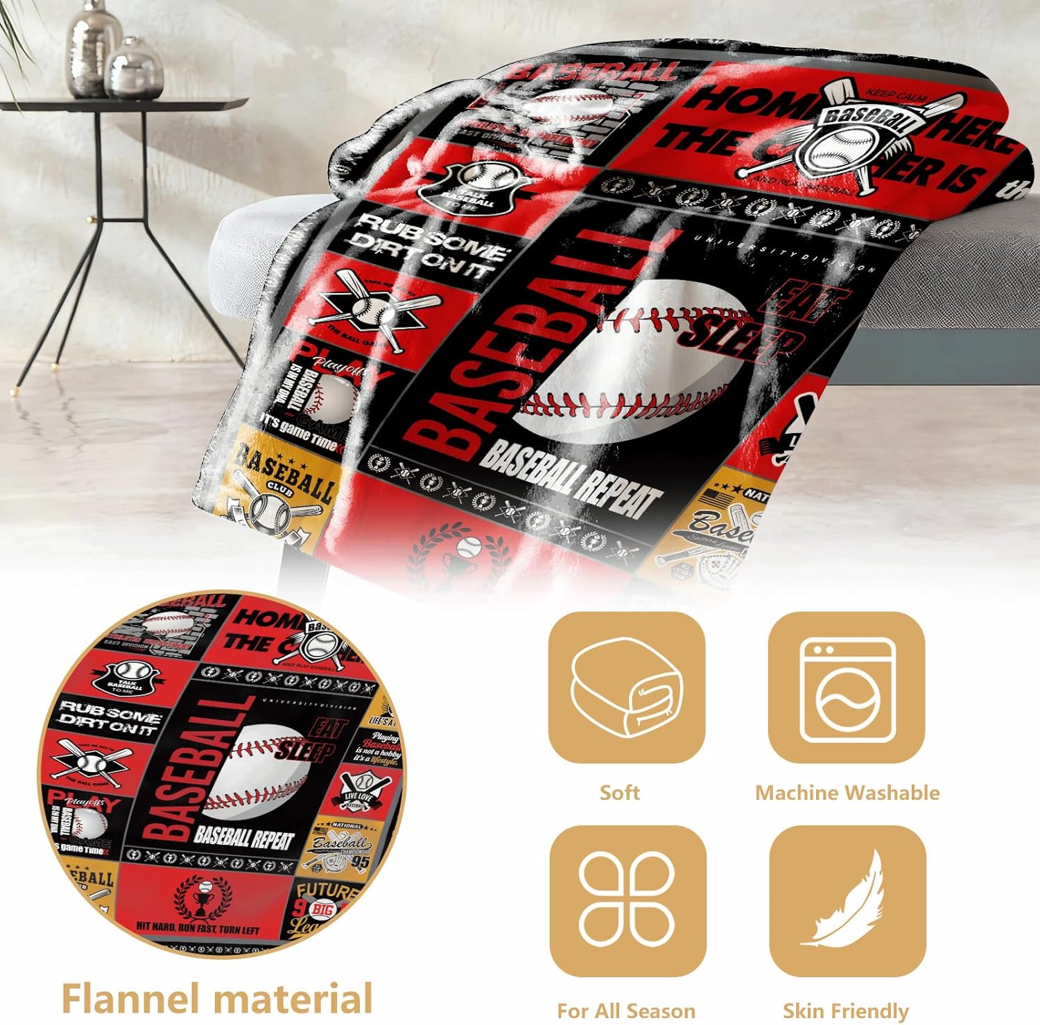 Baseball Sayings Throw Blanket 60x50 in - Soft Flannel Fleece, Red Black Collage Design, Boys & Teen Room Decor, Gift for Baseball Players, Fans & Coaches - Image 6