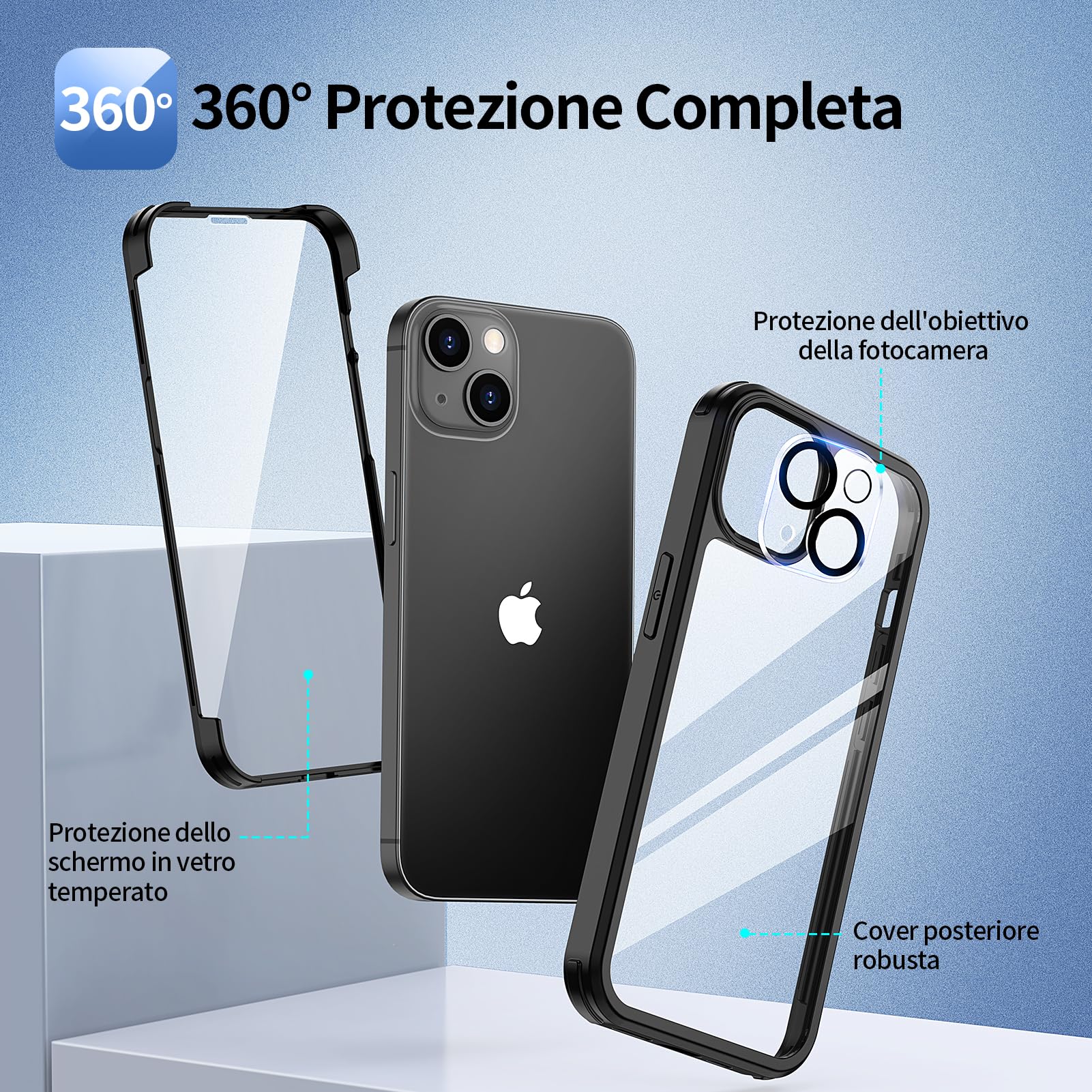 seacosmo Cover per iPhone 15, [9H HD] Integrata Vetro Temperato Schermo e Pellicola Fotocamera 360 Gradi Antiurto Case Rugged Doppia Protezione Custodia per iPhone 15, Nero