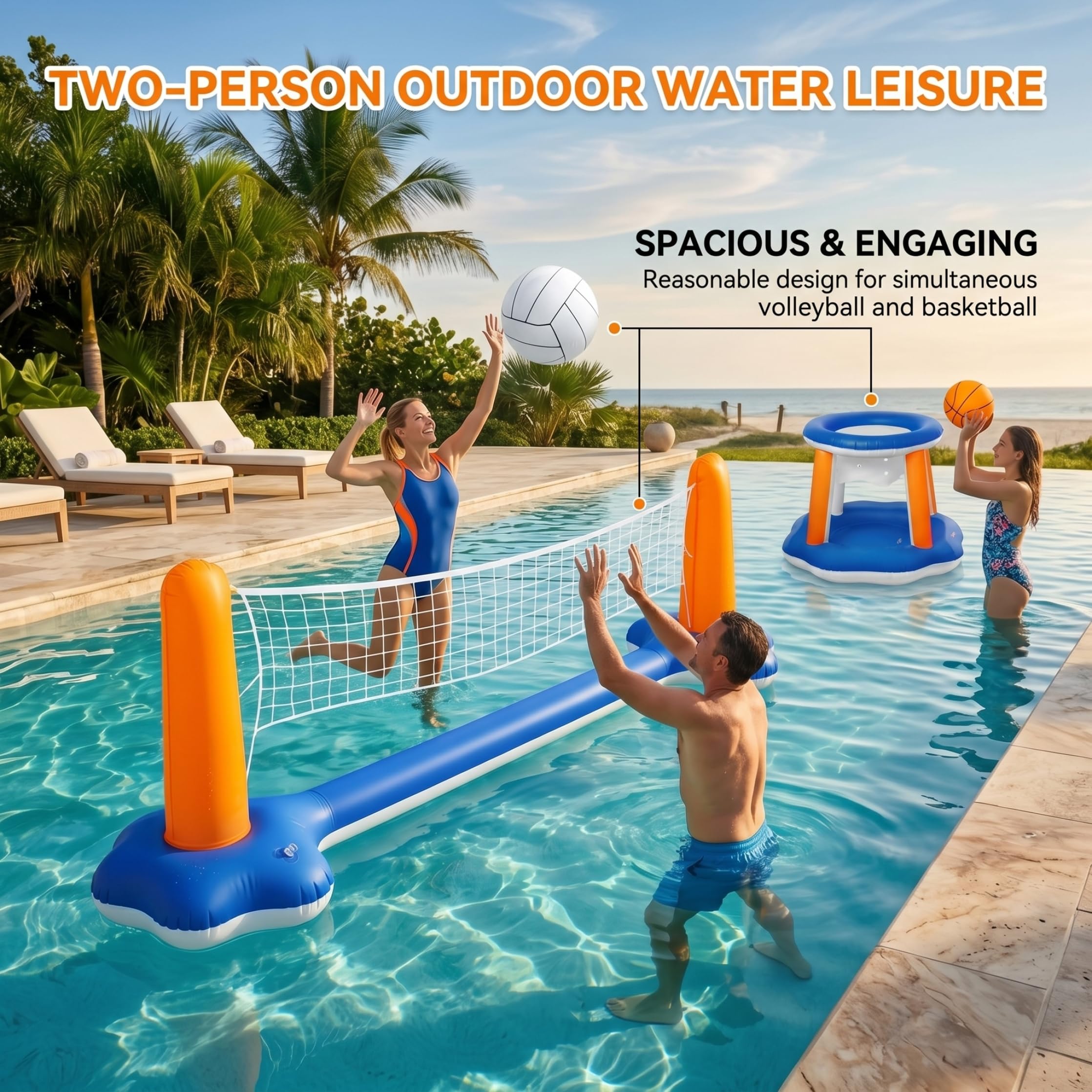 Pool-Volleyballnetz und Pool-Basketballnetz-Set, schwimmendes aufblasbares Wasserspiel mit 2 Bällen, Sommer-Spielzeug für drinnen und draußen, für Erwachsene, Familien, Teenager